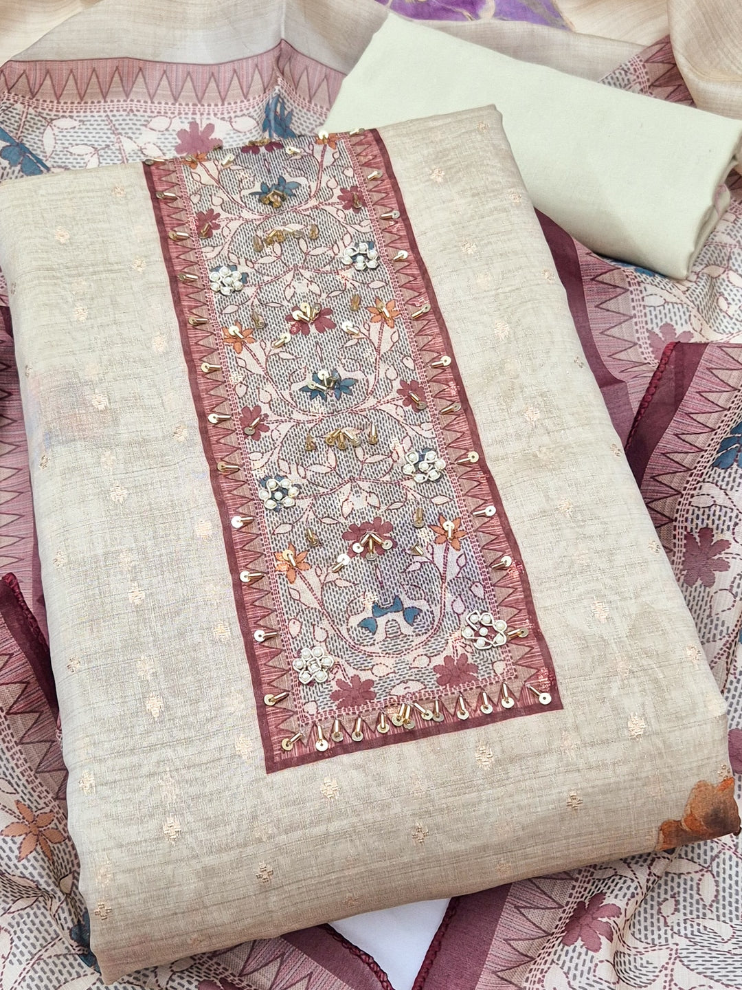 Peachmode Cream Maroon Floral Handwork Pure Modal Dress Material - Image 5