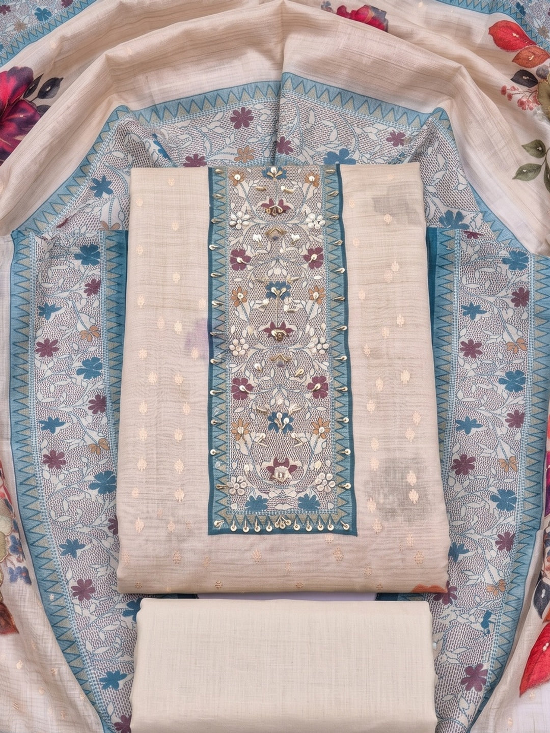 Peachmode Cream Blue Floral Handwork Pure Modal Dress Material - Image 1
