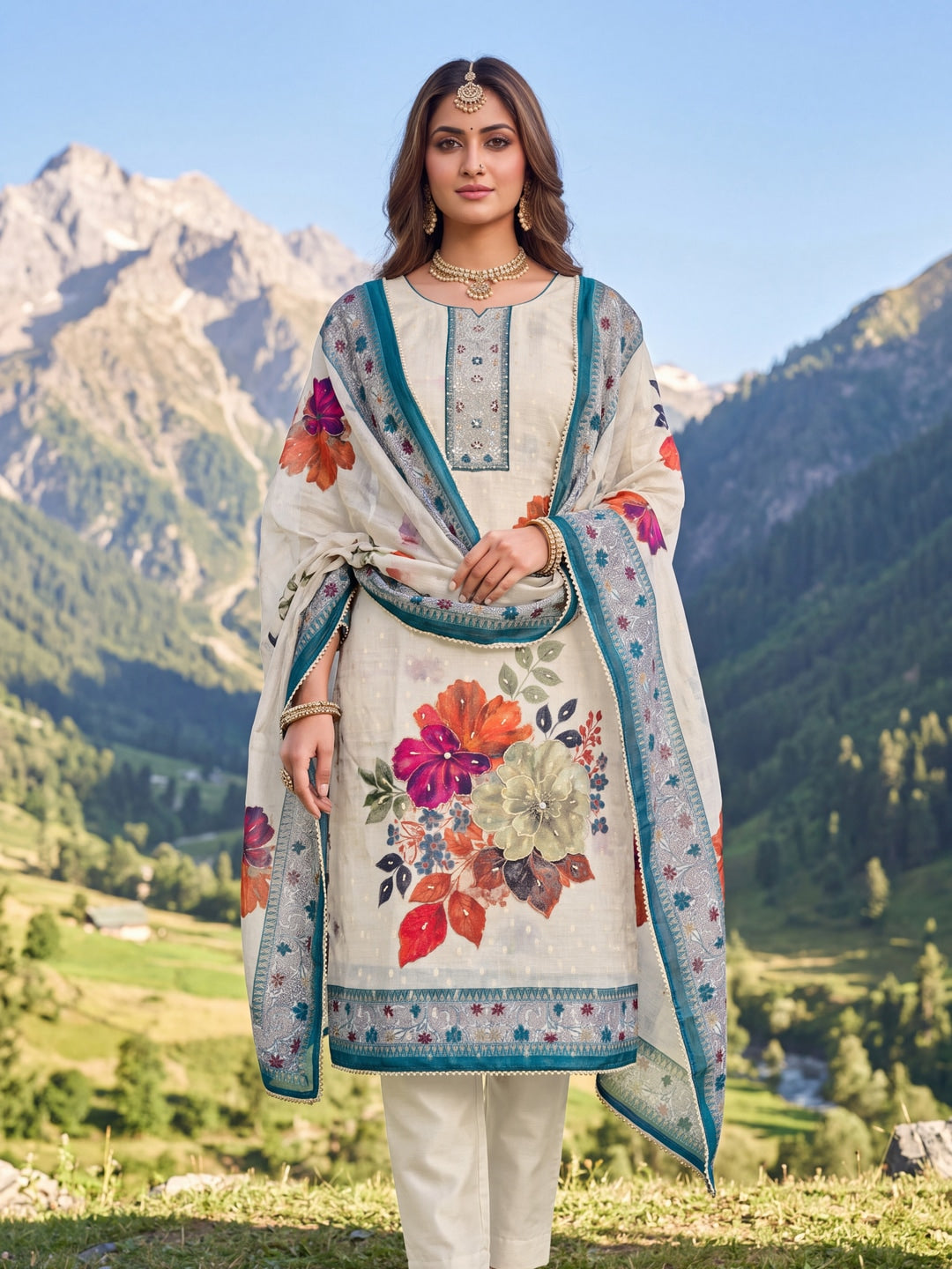 Peachmode Cream Blue Floral Handwork Pure Modal Dress Material - Image 2