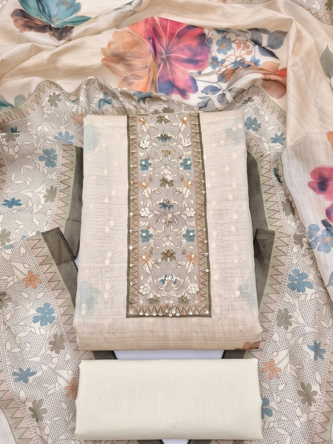 Peachmode Cream Green Floral Handwork Pure Modal Dress Material - Image 1