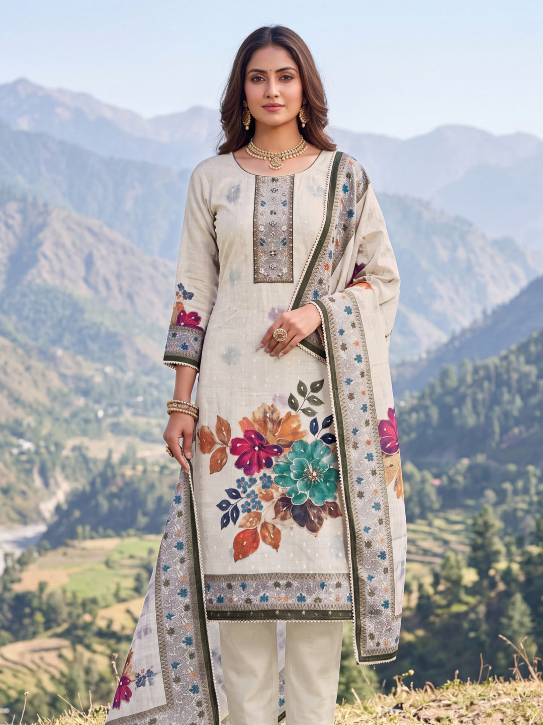 Peachmode Cream Green Floral Handwork Pure Modal Dress Material - Image 2
