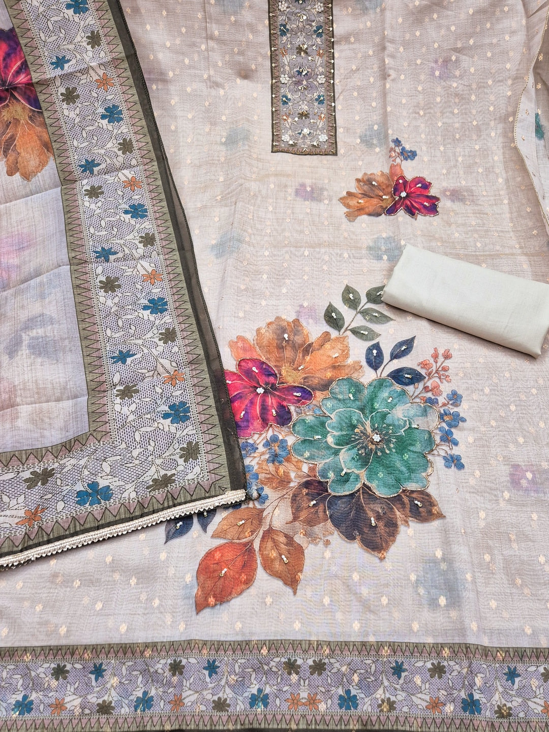 Peachmode Cream Green Floral Handwork Pure Modal Dress Material - Image 3
