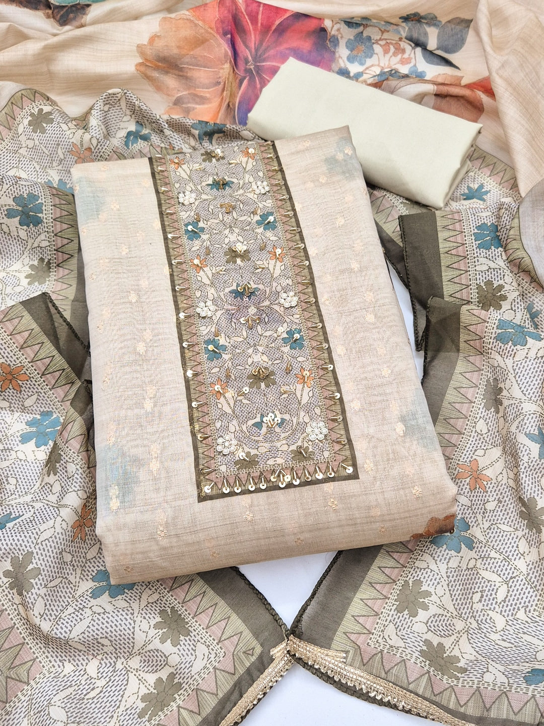 Peachmode Cream Green Floral Handwork Pure Modal Dress Material - Image 4