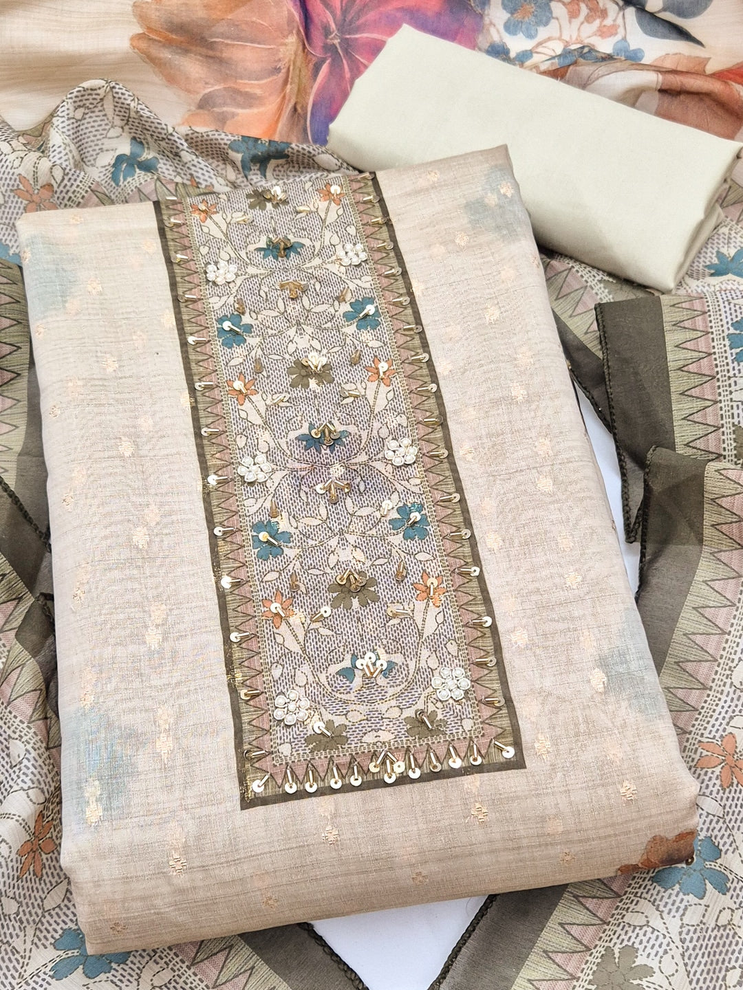 Peachmode Cream Green Floral Handwork Pure Modal Dress Material - Image 5