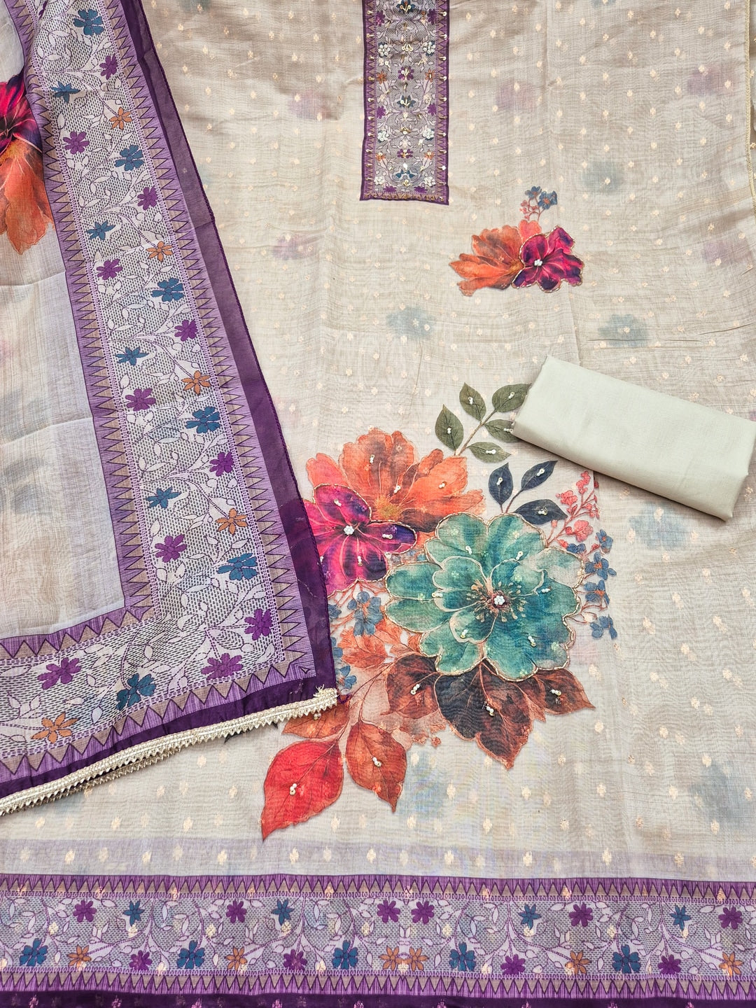 Peachmode Cream Purple Floral Handwork Pure Modal Dress Material - Image 3