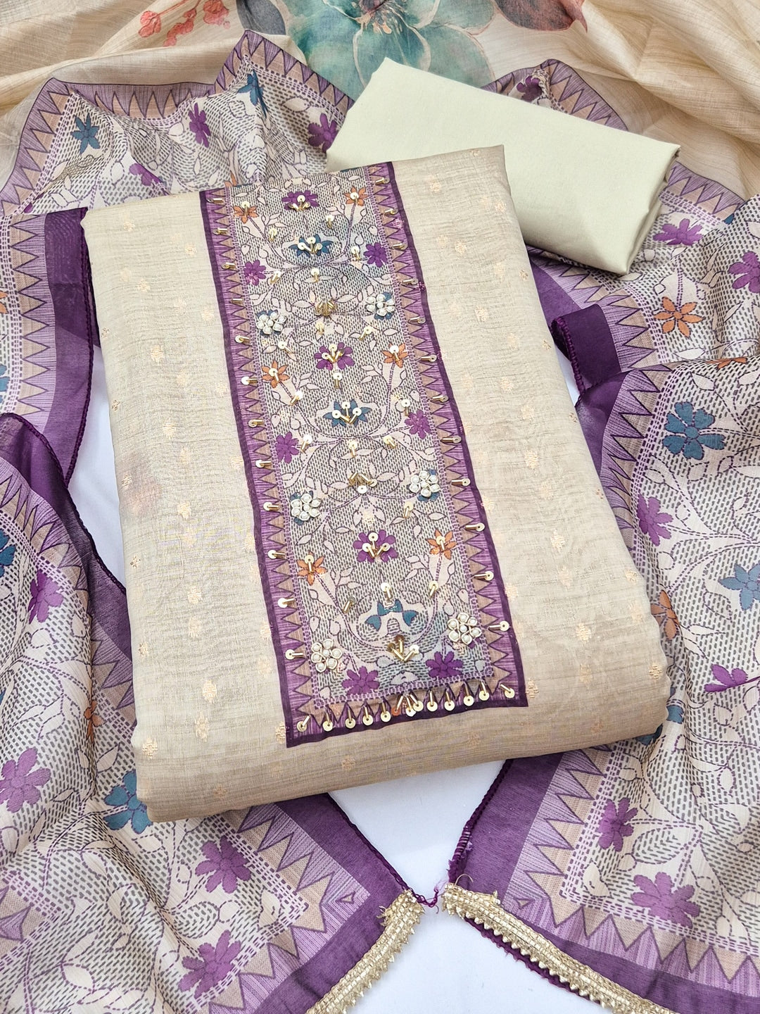 Peachmode Cream Purple Floral Handwork Pure Modal Dress Material - Image 4