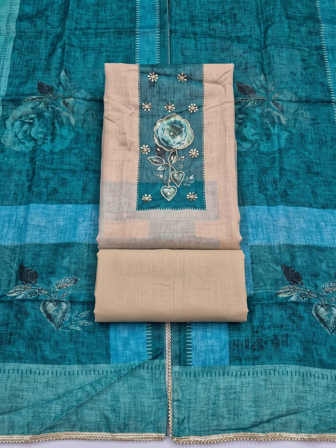 Peachmode Cream Teal Floral Handwork Pure Modal Dress Material - Image 1