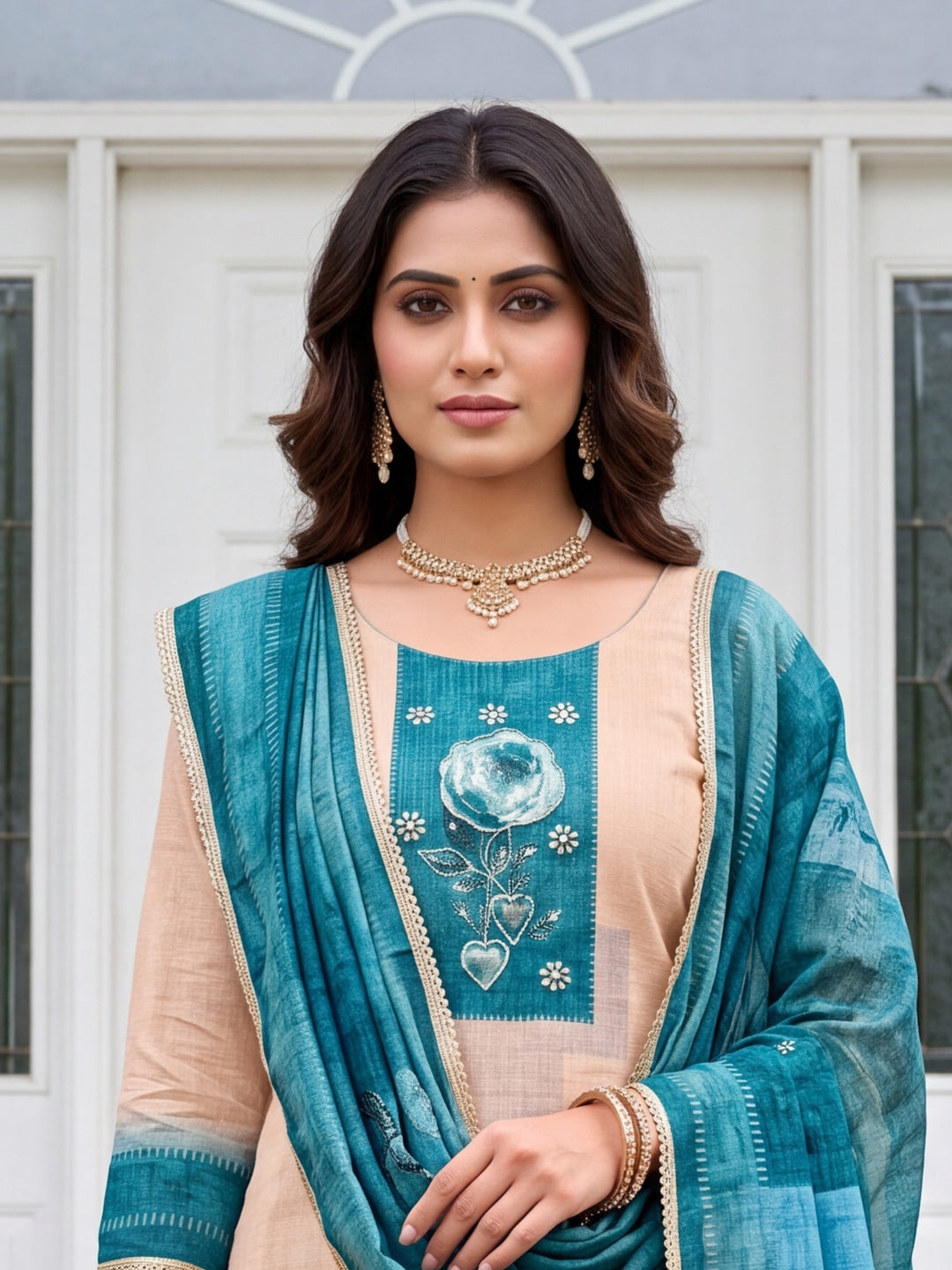 Peachmode Cream Teal Floral Handwork Pure Modal Dress Material - Image 2