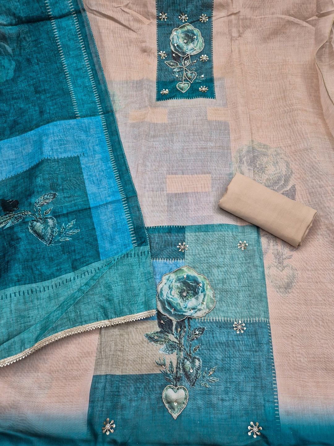Peachmode Cream Teal Floral Handwork Pure Modal Dress Material - Image 3