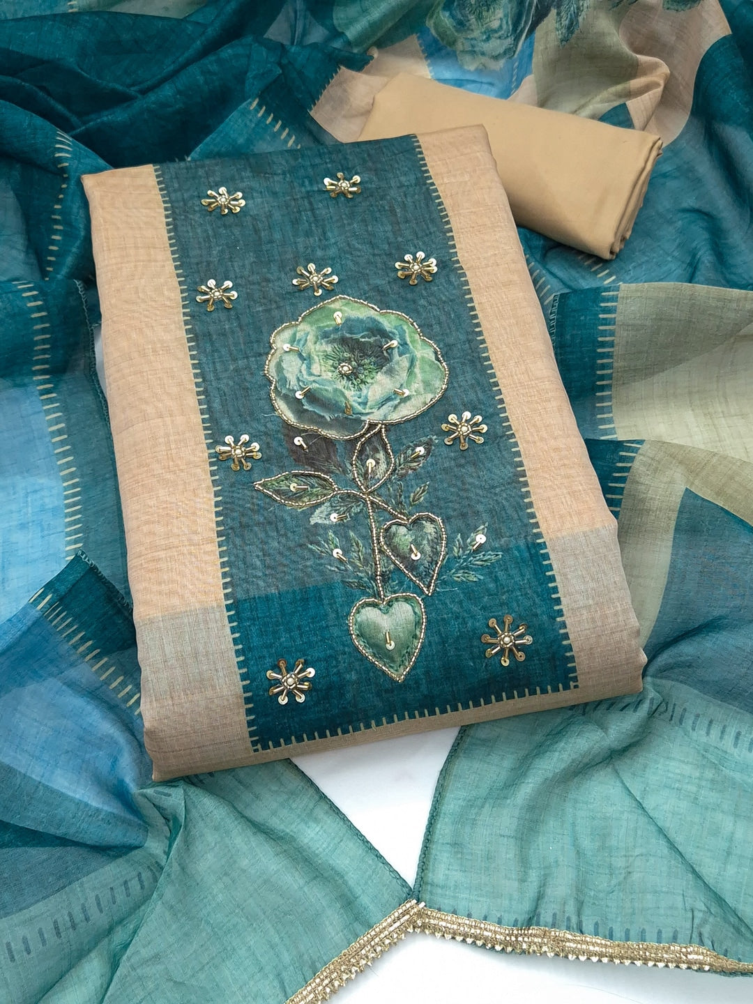 Peachmode Cream Teal Floral Handwork Pure Modal Dress Material - Image 4