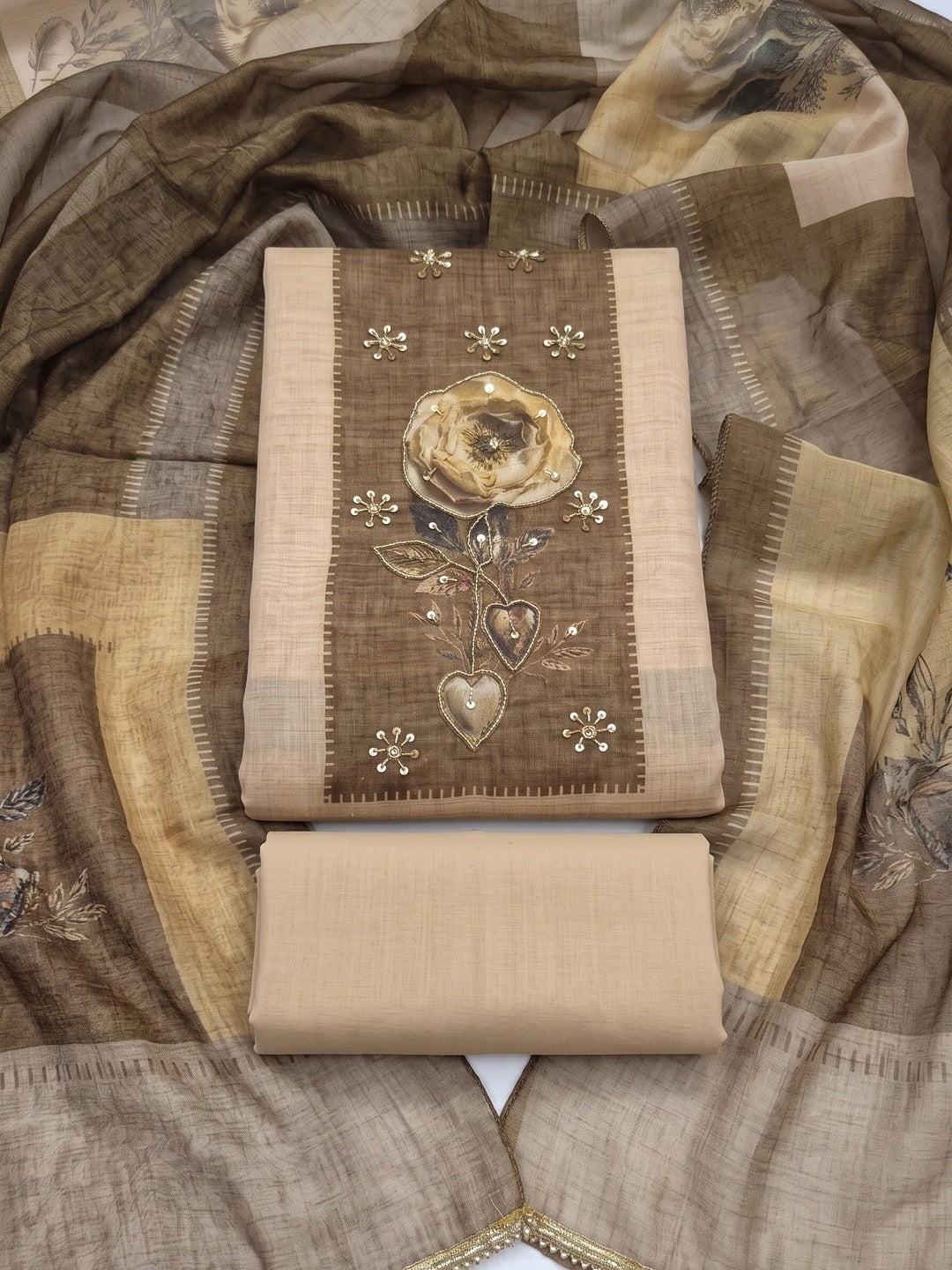 Peachmode Cream Olive Brown Floral Handwork Pure Modal Dress Material - Image 1