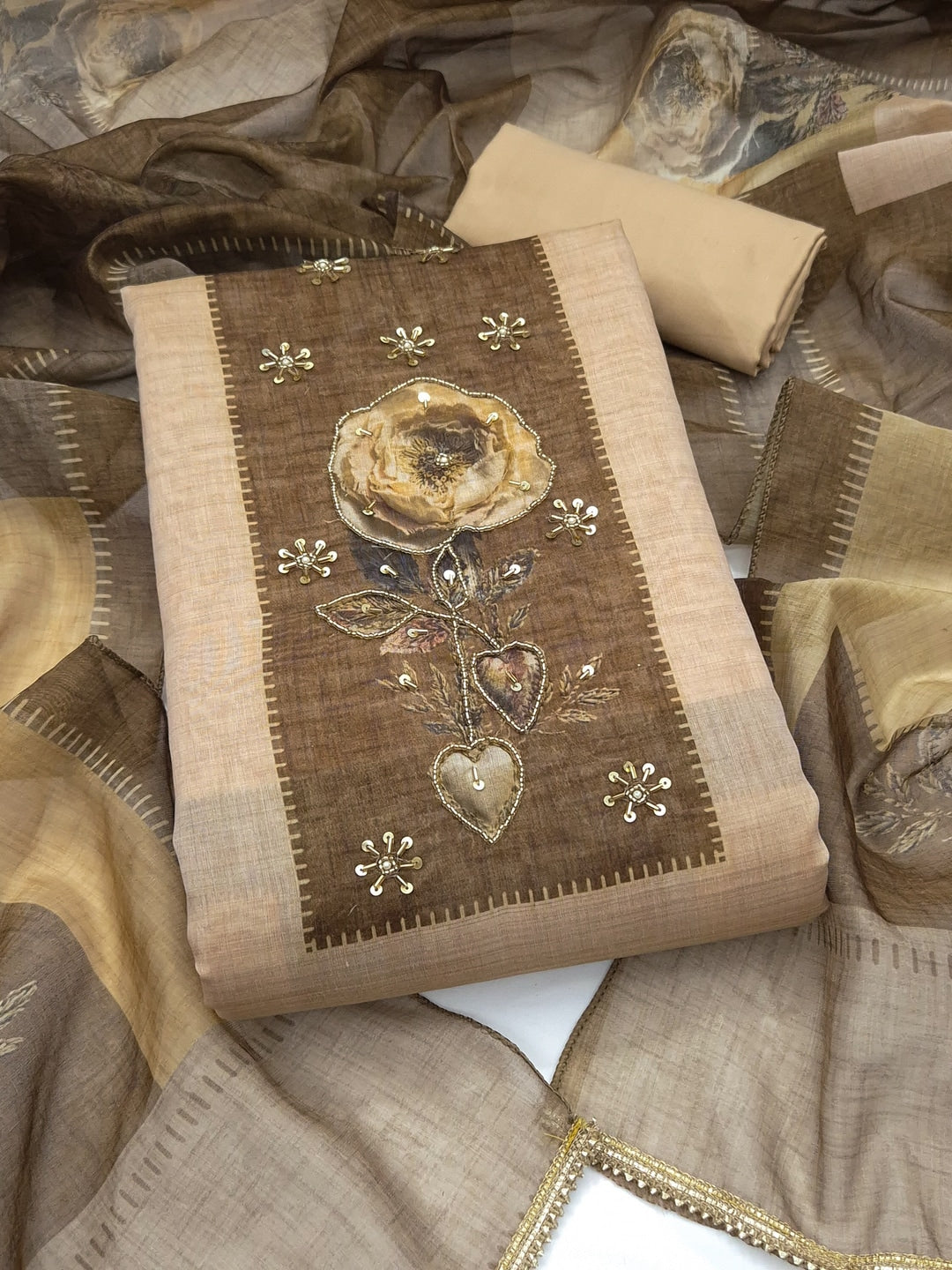 Peachmode Cream Olive Brown Floral Handwork Pure Modal Dress Material - Image 4