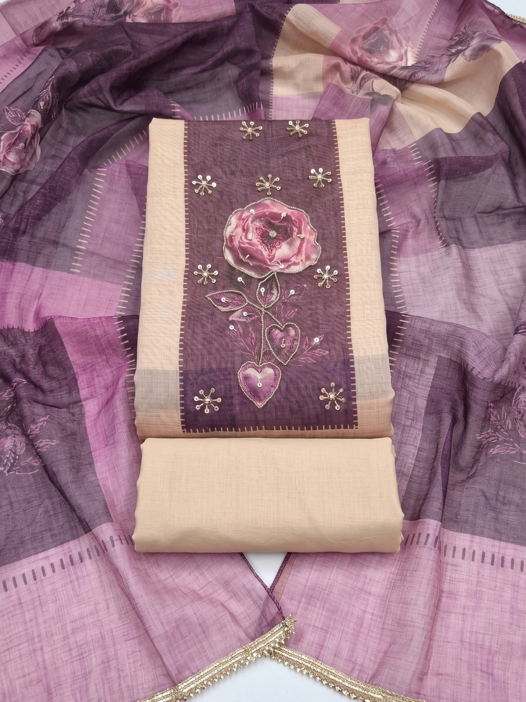Peachmode Cream Purple Floral Handwork Pure Modal Dress Material - Image 1