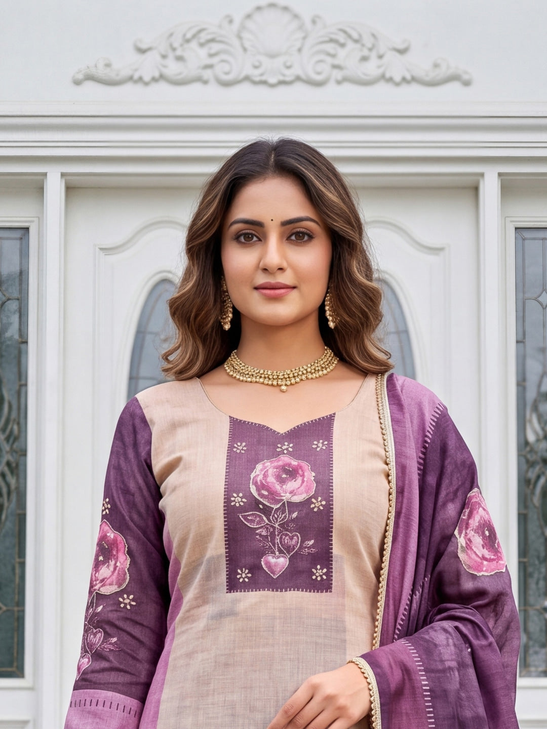 Peachmode Cream Purple Floral Handwork Pure Modal Dress Material - Image 2