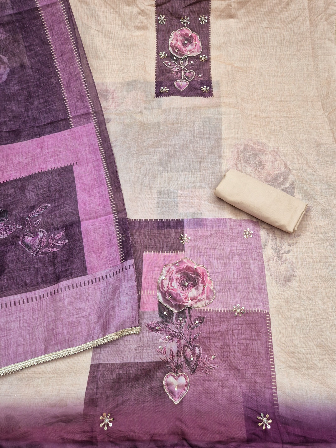 Peachmode Cream Purple Floral Handwork Pure Modal Dress Material - Image 3
