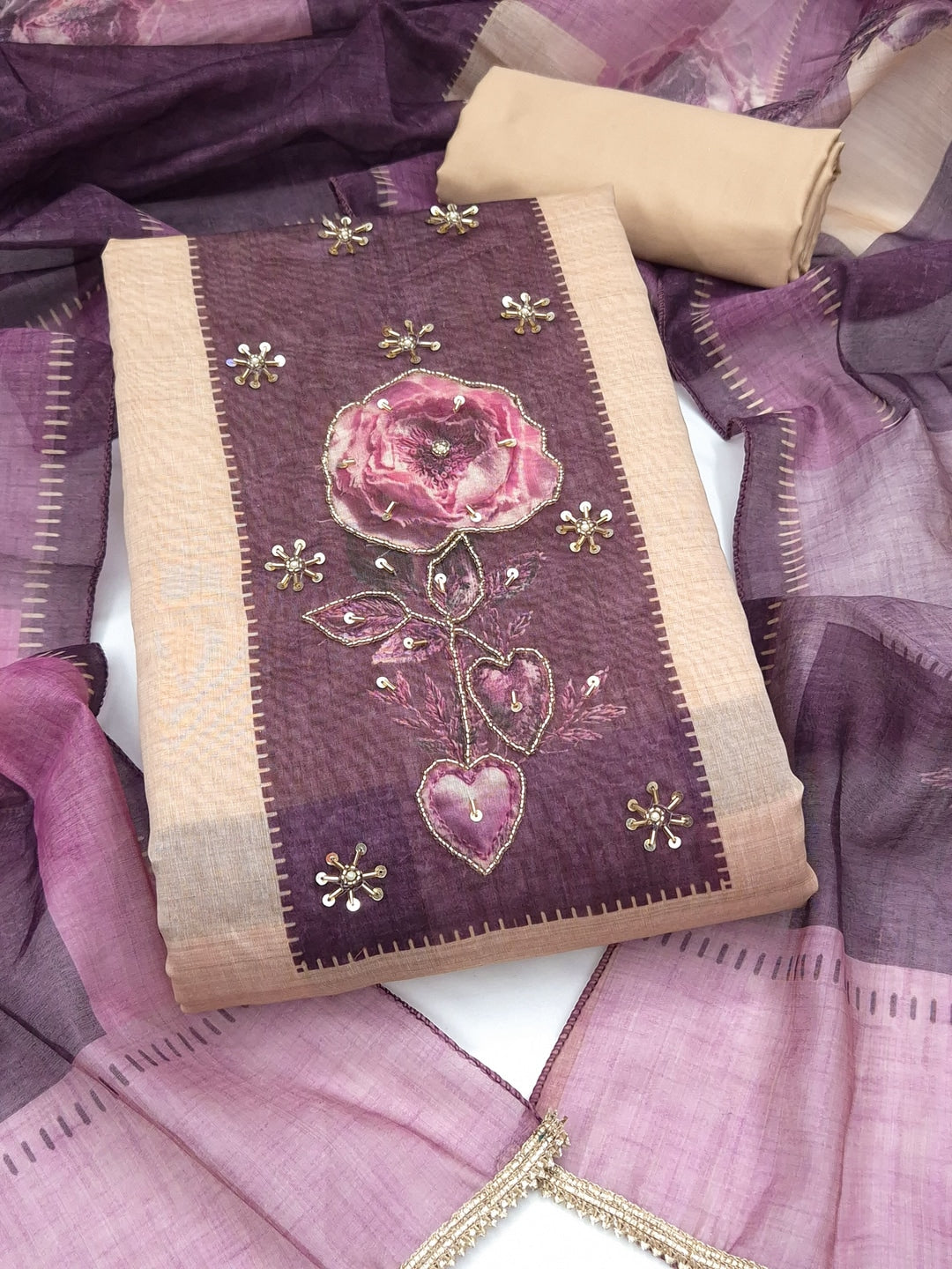 Peachmode Cream Purple Floral Handwork Pure Modal Dress Material - Image 4
