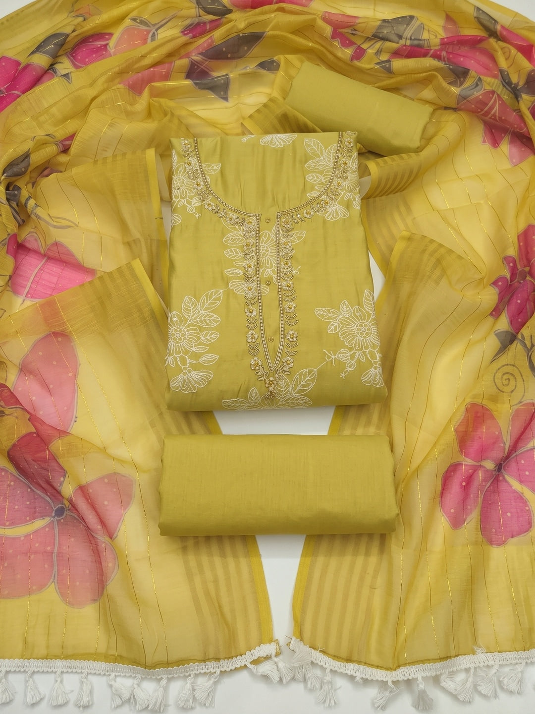 Peachmode Mustard Floral Embroidered Cotton Silk Dress Material - Image 1