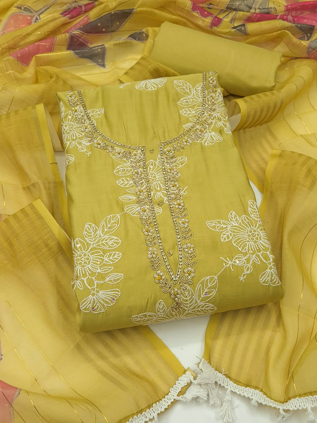 Peachmode Mustard Floral Embroidered Cotton Silk Dress Material - Image 4