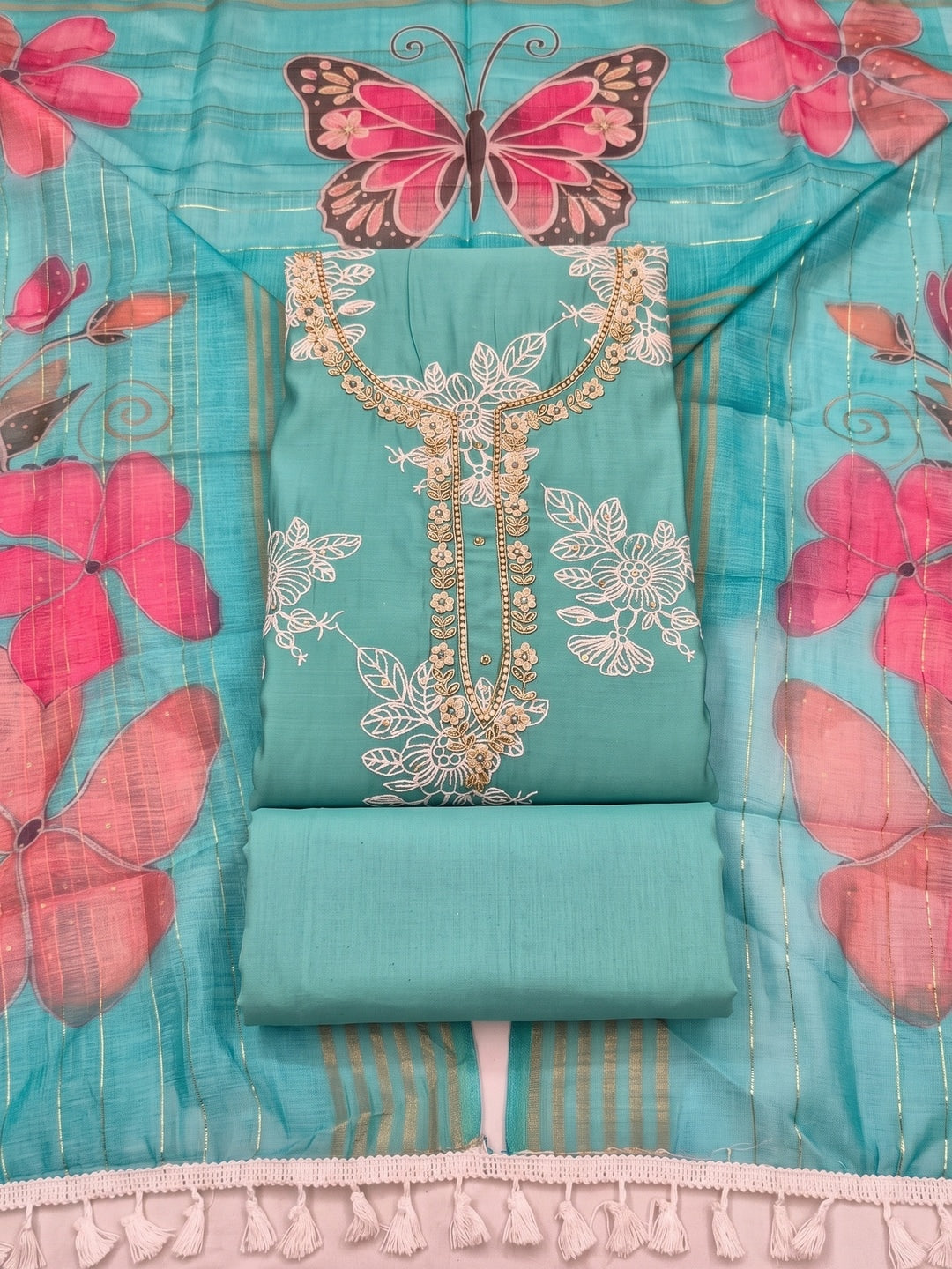 Peachmode Turquoise Floral Embroidered Cotton Silk Dress Material - Image 1