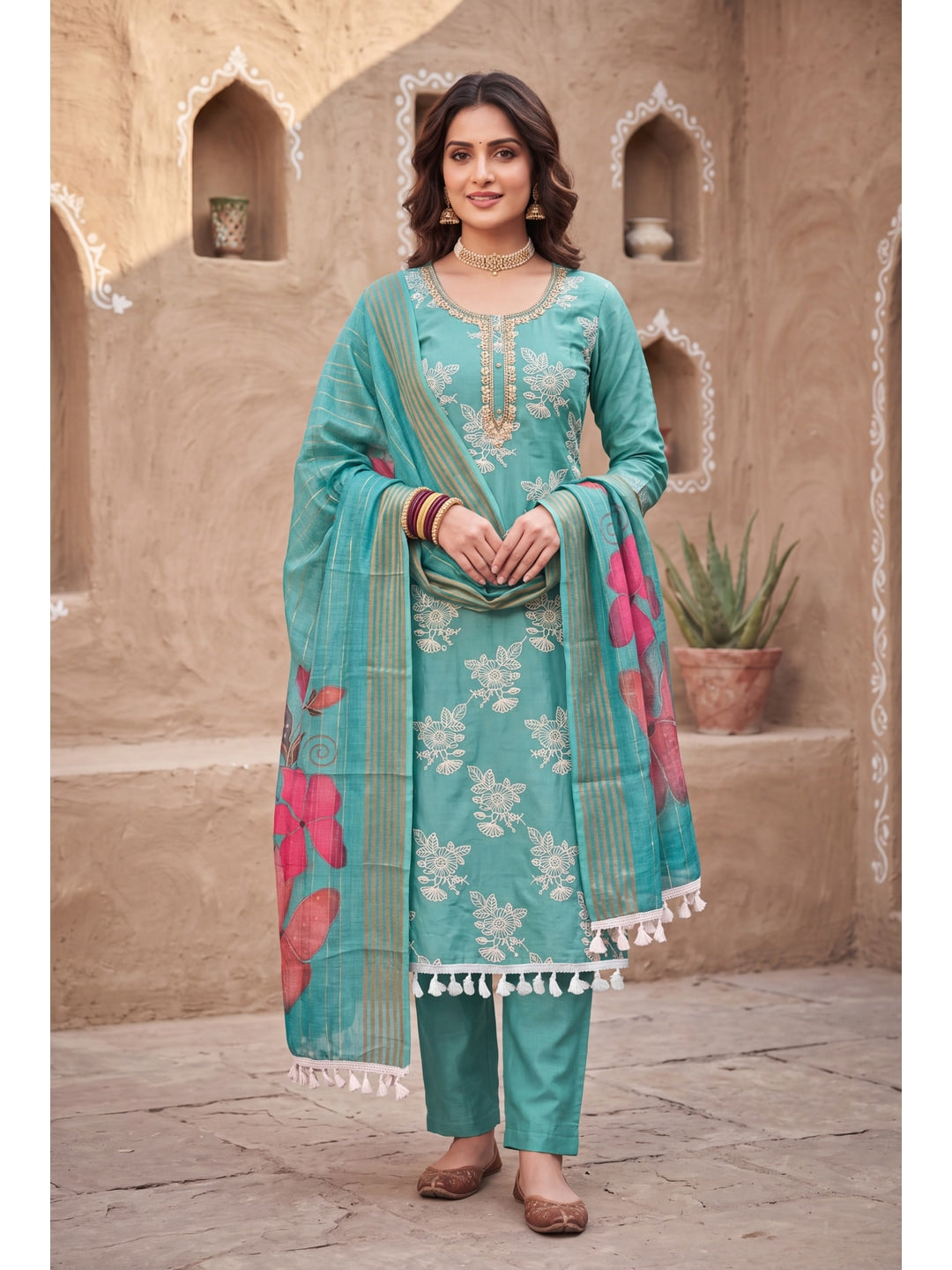 Peachmode Turquoise Floral Embroidered Cotton Silk Dress Material - Image 2