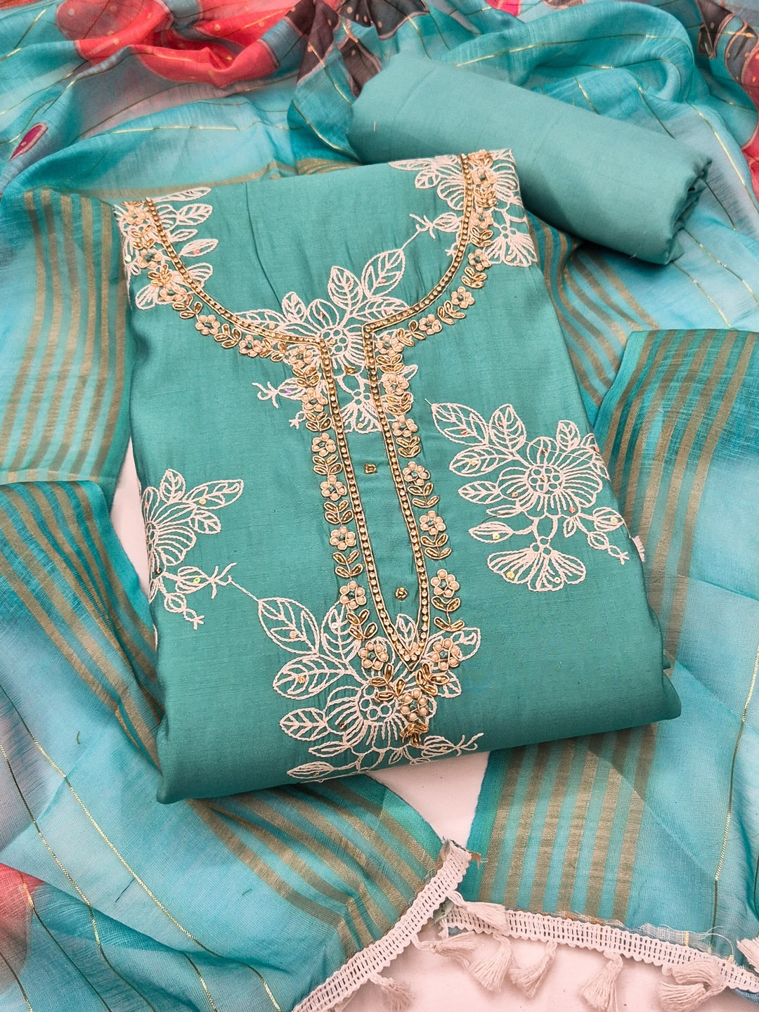 Peachmode Turquoise Floral Embroidered Cotton Silk Dress Material - Image 4