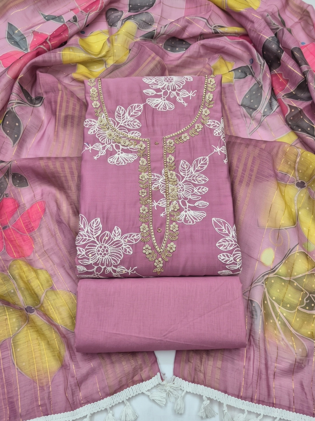Peachmode Mauve Floral Embroidered Cotton Silk Dress Material - Image 1