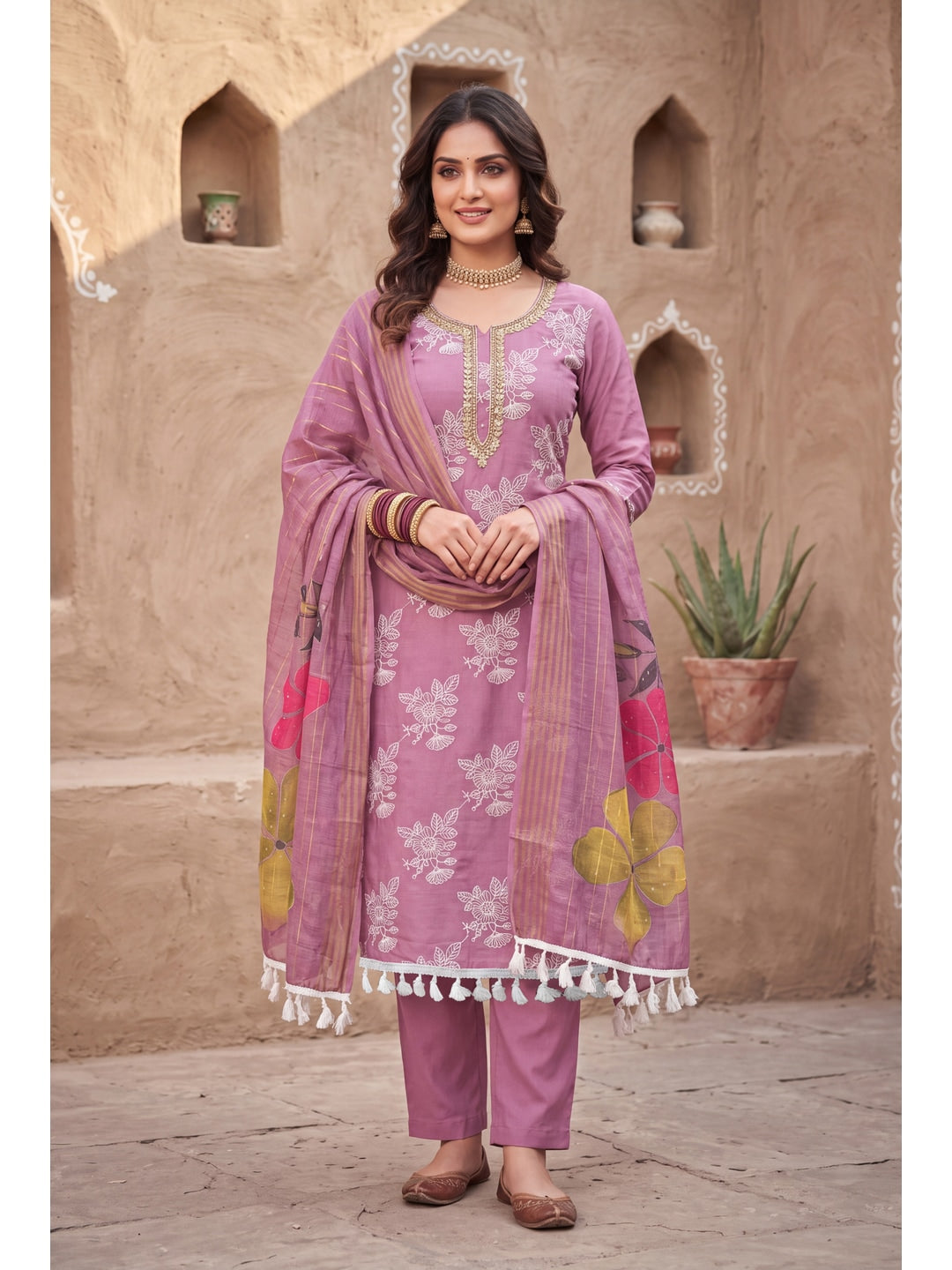 Peachmode Mauve Floral Embroidered Cotton Silk Dress Material - Image 2