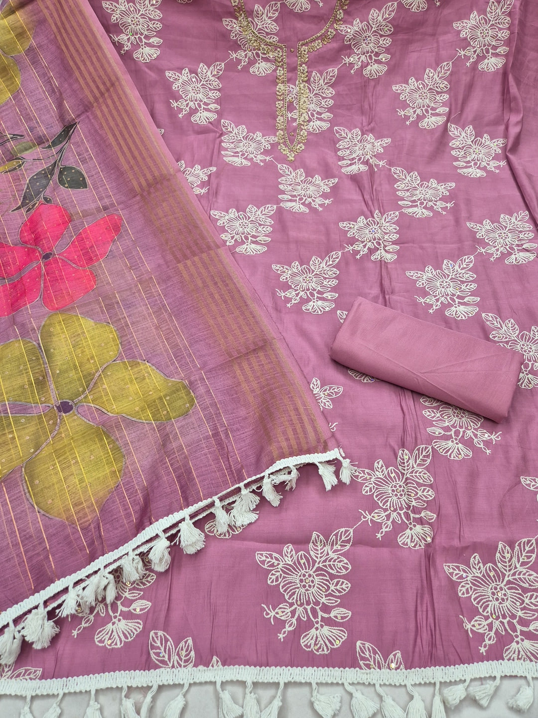 Peachmode Mauve Floral Embroidered Cotton Silk Dress Material - Image 3
