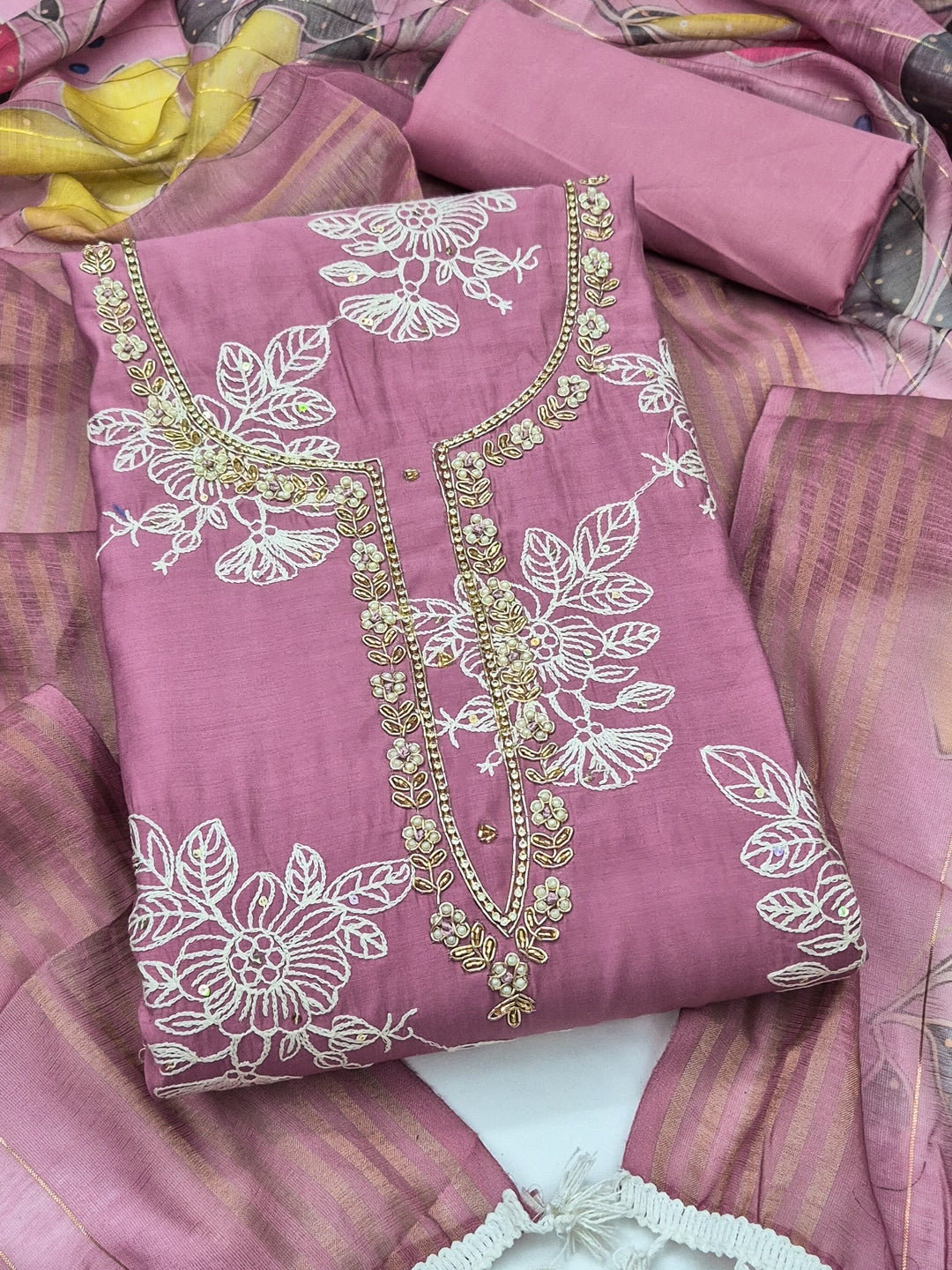 Peachmode Mauve Floral Embroidered Cotton Silk Dress Material - Image 5