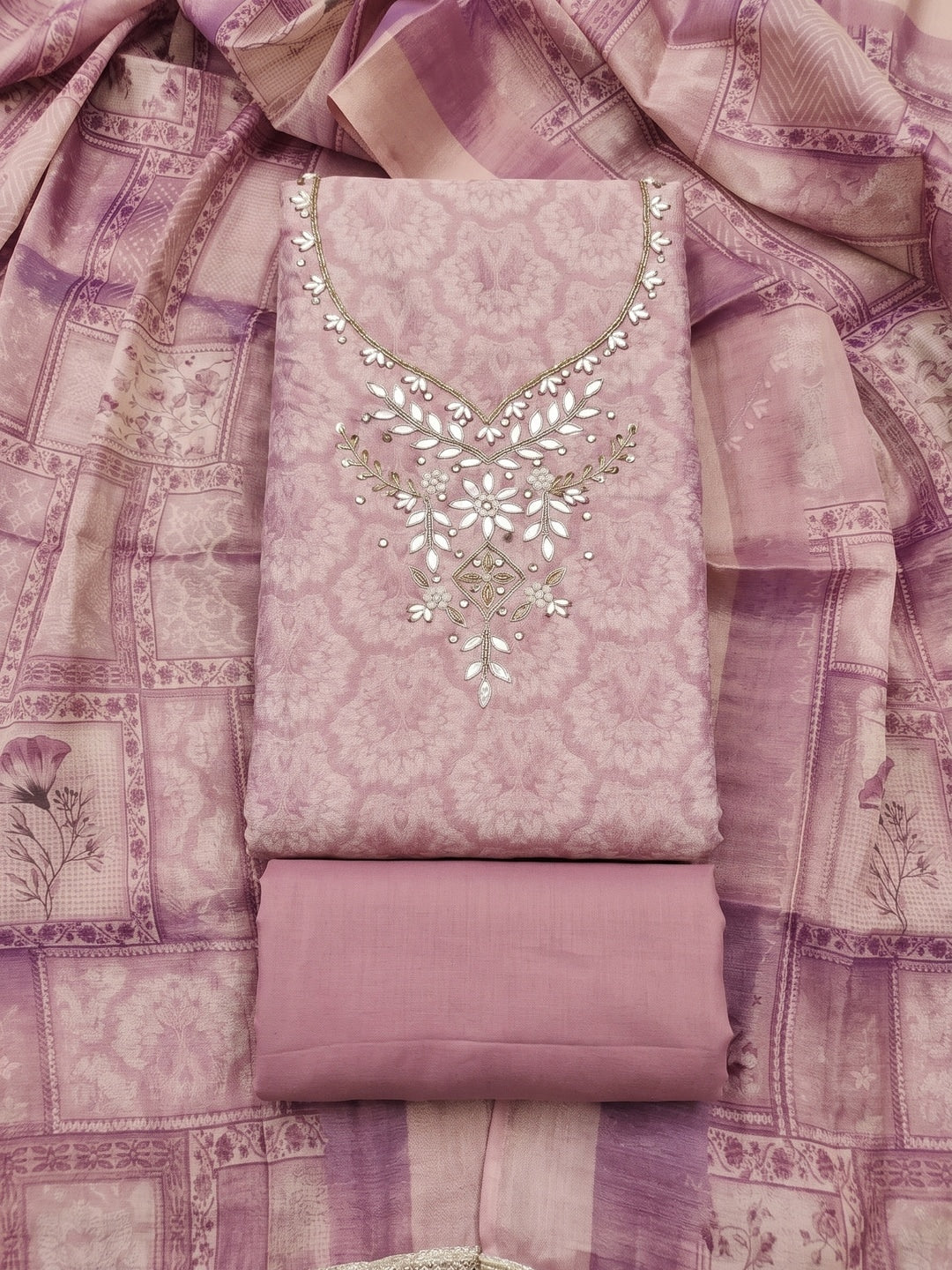 Peachmode Mauve Floral Embroidered Cotton Linen Dress Material - Image 1