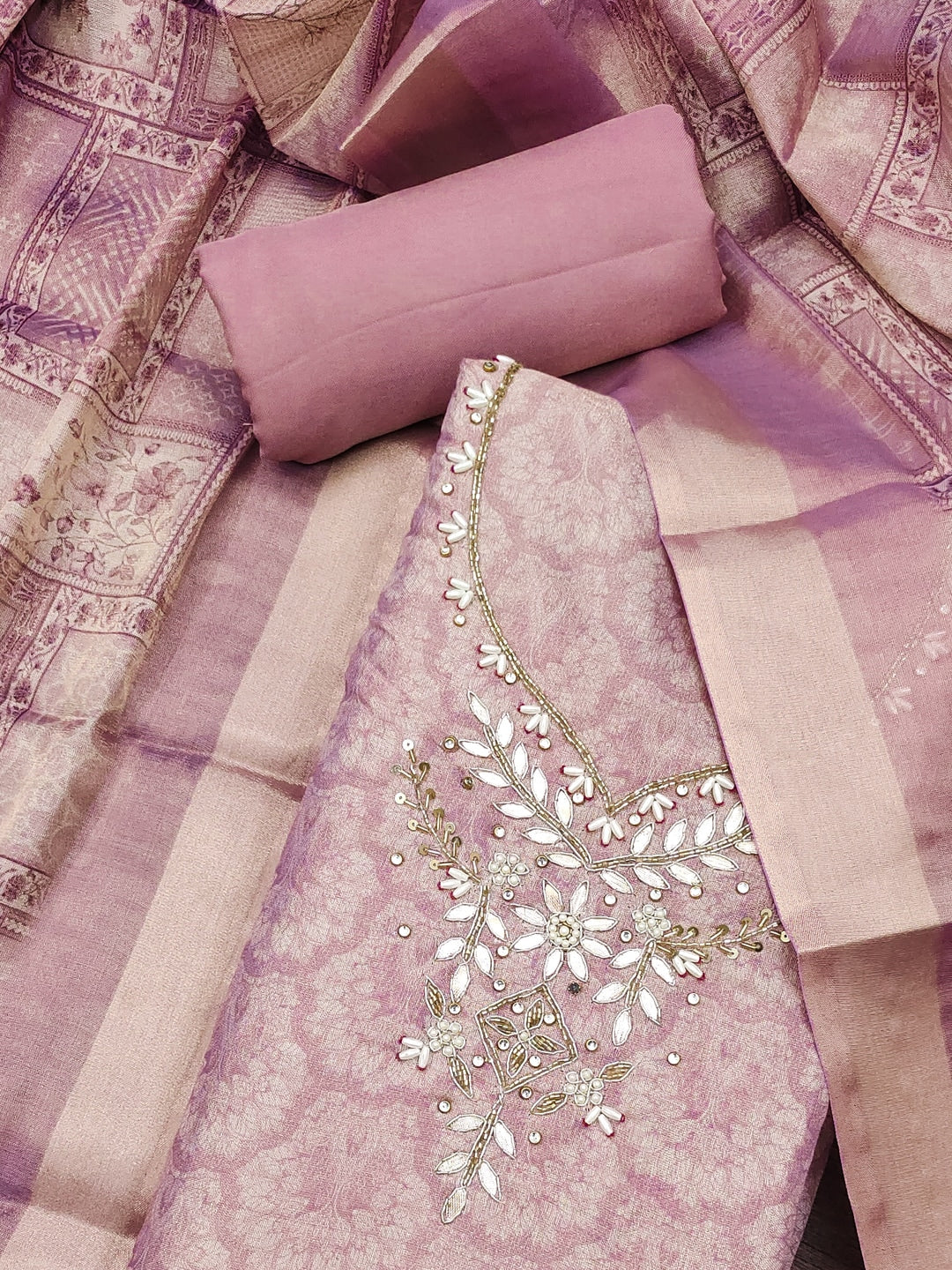 Peachmode Mauve Floral Embroidered Cotton Linen Dress Material - Image 5