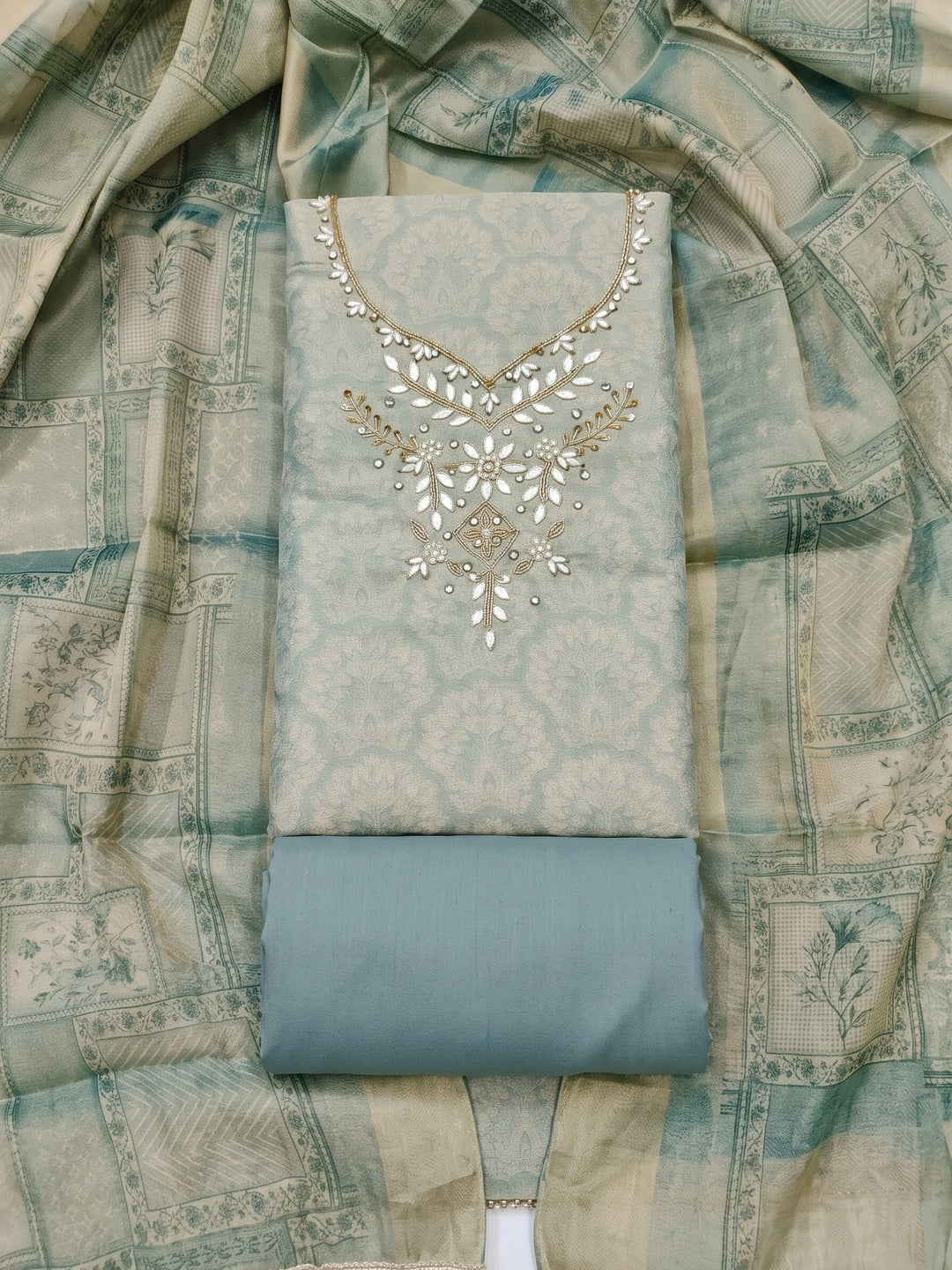 Peachmode Turquoise Floral Embroidered Cotton Linen Dress Material - Image 1