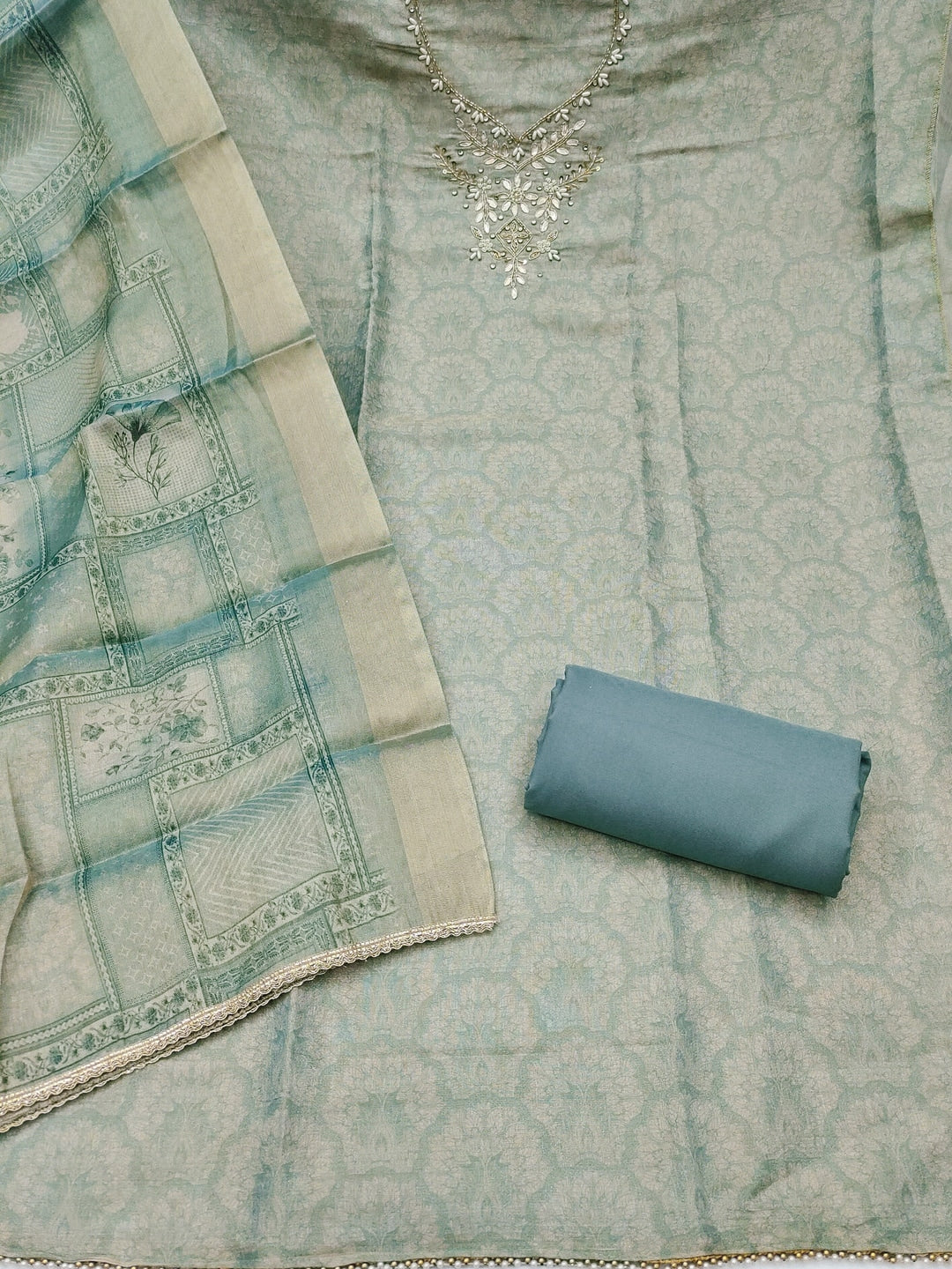 Peachmode Turquoise Floral Embroidered Cotton Linen Dress Material - Image 3