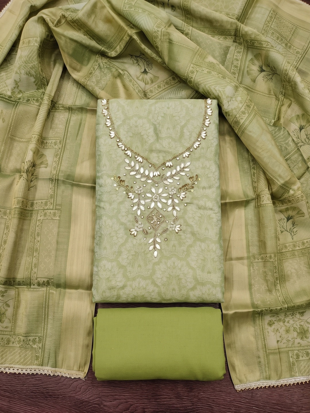 Peachmode Green Floral Embroidered Cotton Linen Dress Material - Image 1