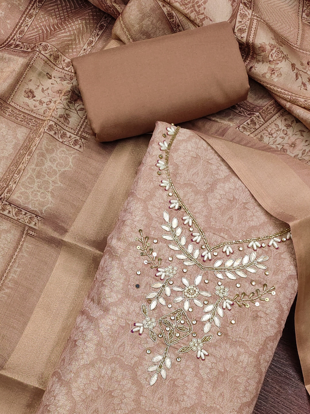 Peachmode Brown Floral Embroidered Cotton Linen Dress Material - Image 5