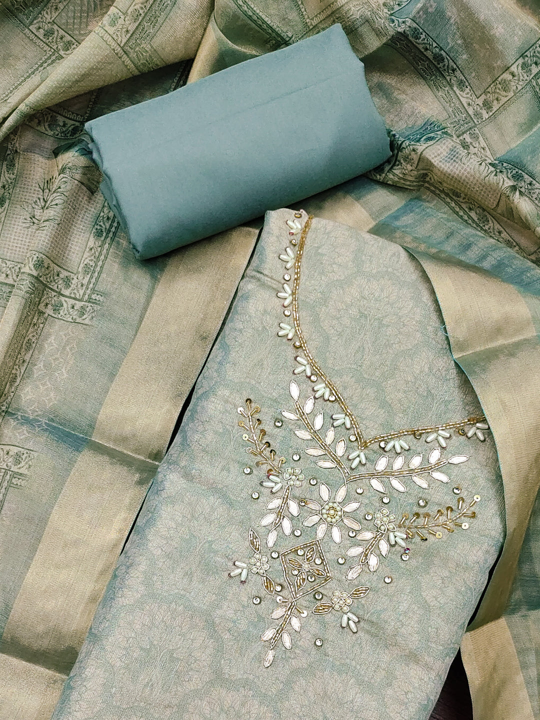 Peachmode Turquoise Floral Embroidered Cotton Linen Dress Material - Image 5
