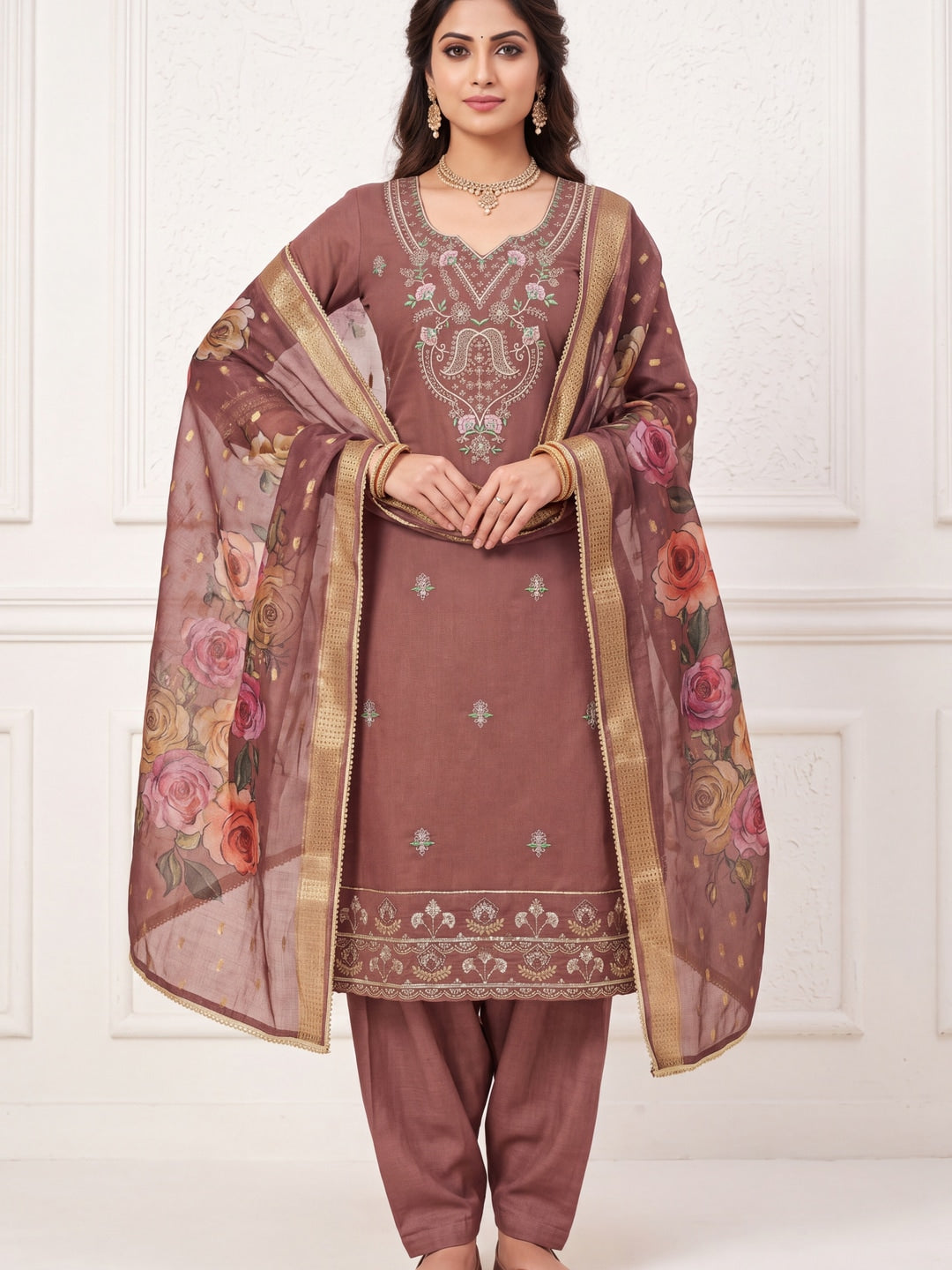 Peachmode Rust Floral Embroidered Cotton Silk Dress Material - Image 2