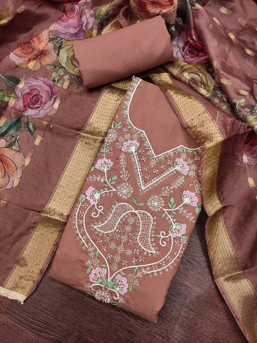 Peachmode Rust Floral Embroidered Cotton Silk Dress Material - Image 4