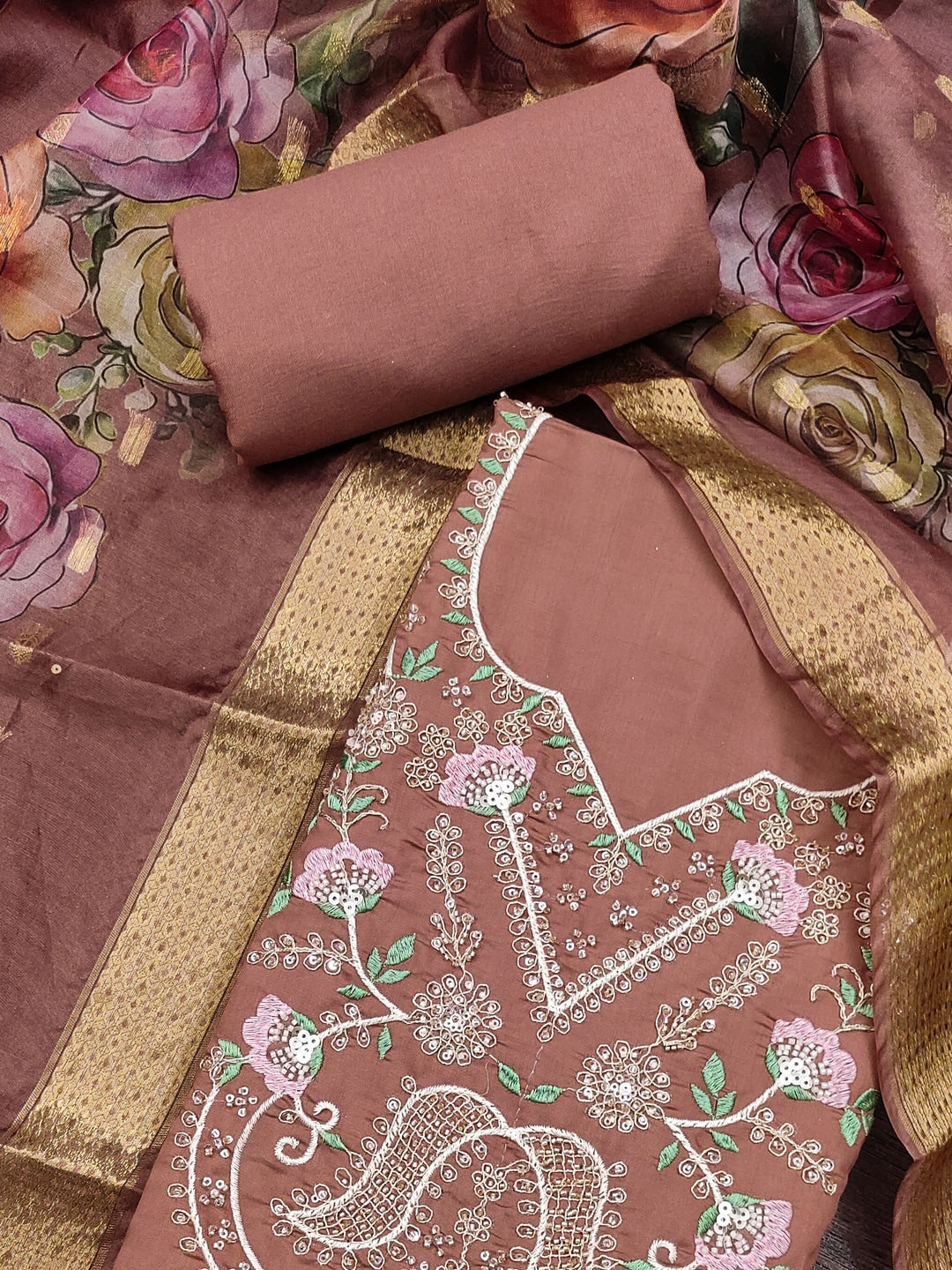 Peachmode Rust Floral Embroidered Cotton Silk Dress Material - Image 5