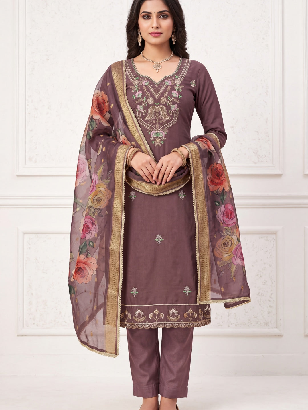 Peachmode Purple Floral Embroidered Cotton Silk Dress Material - Image 2