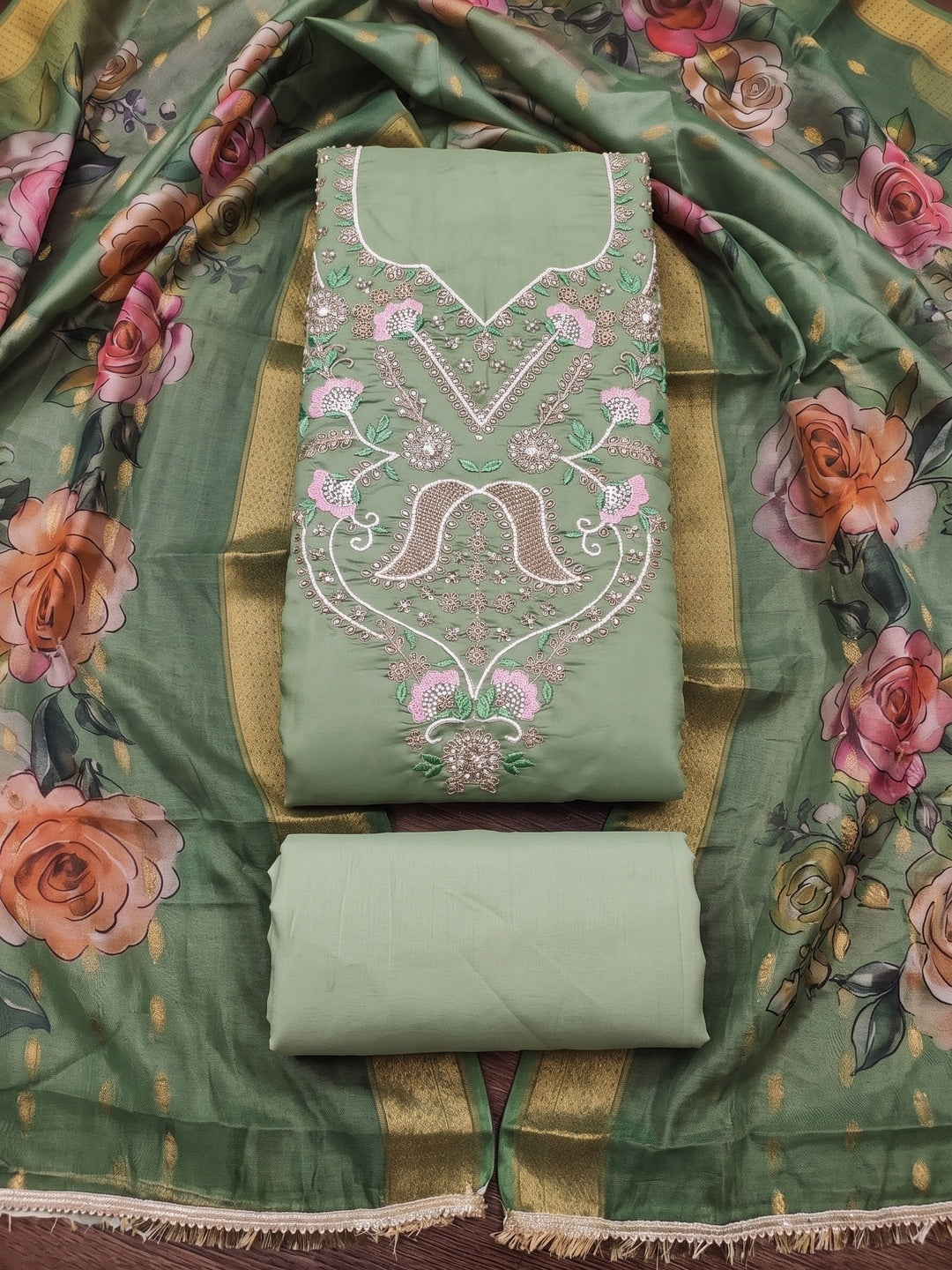 Peachmode Green Floral Embroidered Cotton Silk Dress Material - Image 1