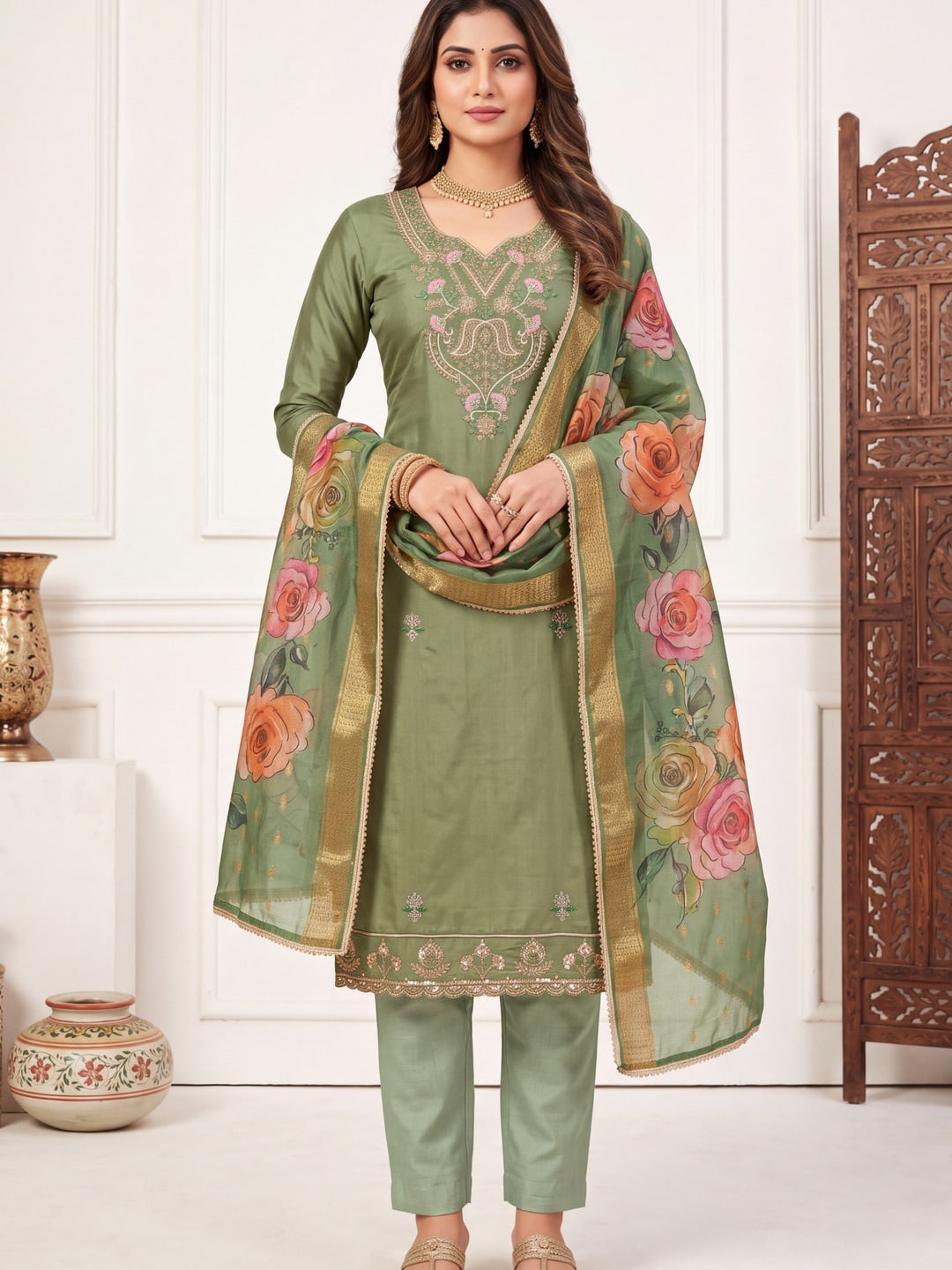 Peachmode Green Floral Embroidered Cotton Silk Dress Material - Image 2