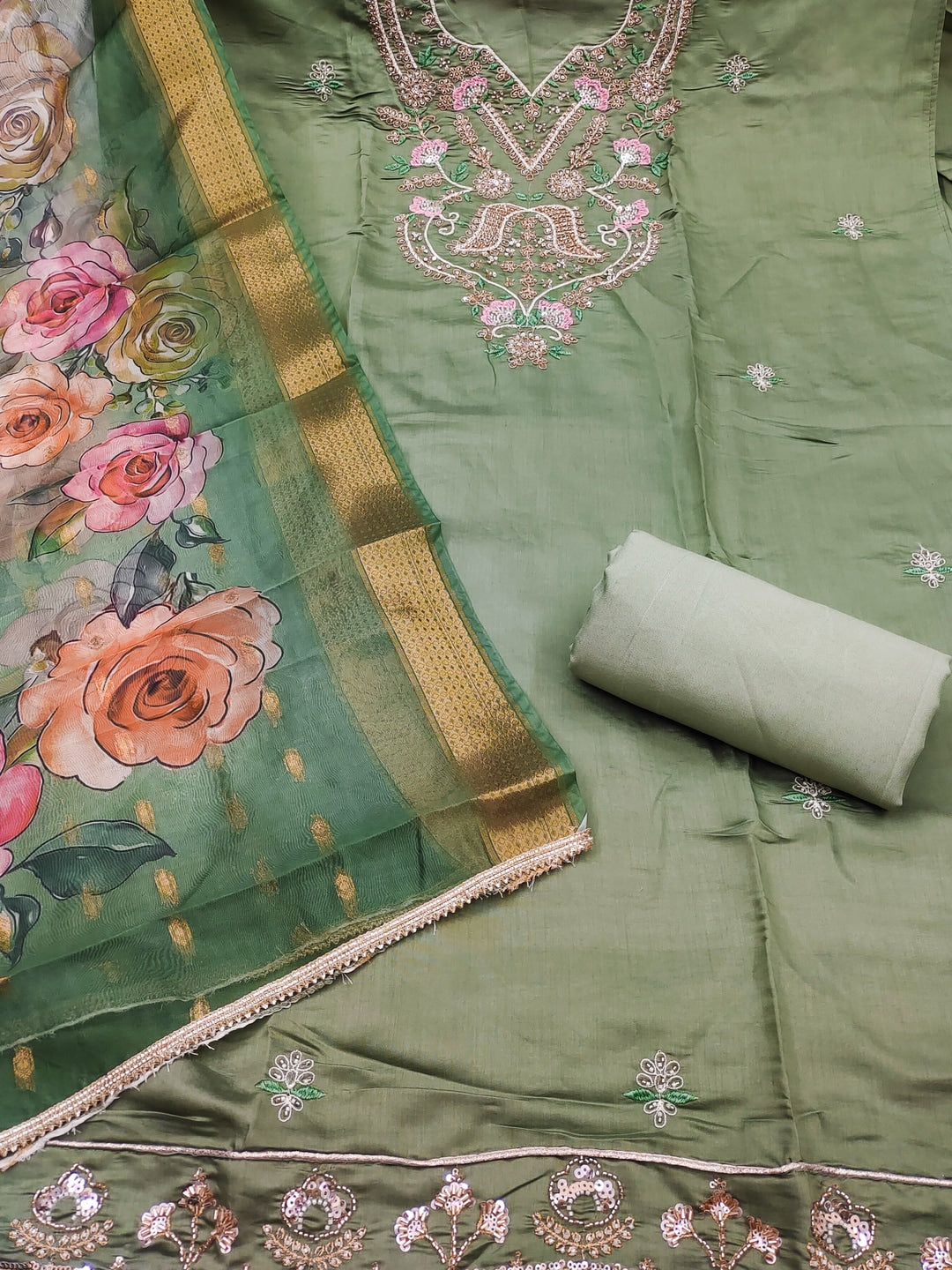 Peachmode Green Floral Embroidered Cotton Silk Dress Material - Image 3
