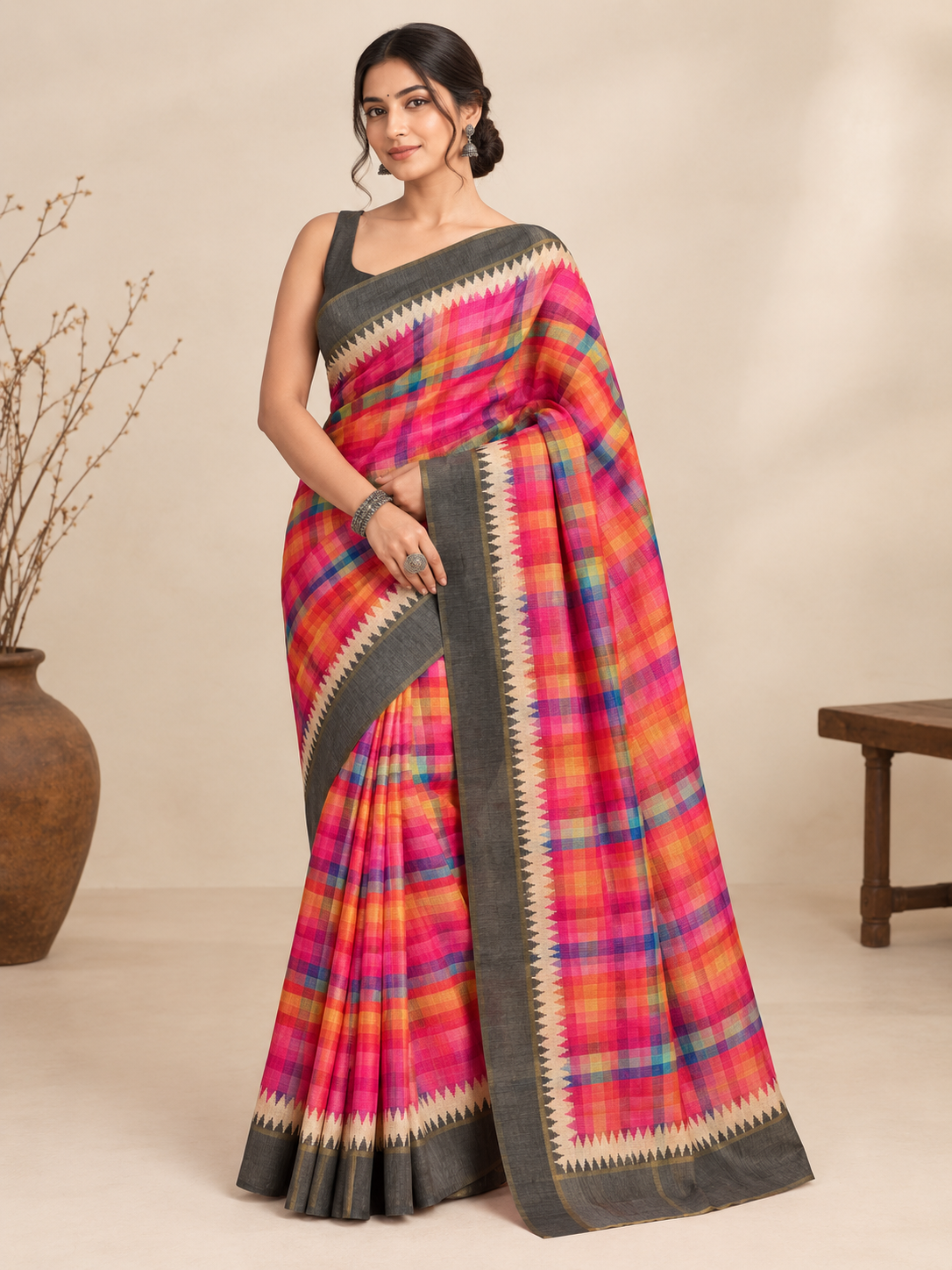 Peachmode Grey Checked Tussar Silk Saree - Image 1
