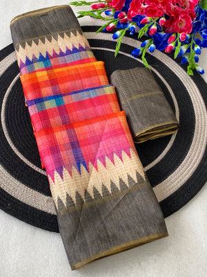 Peachmode Grey Checked Tussar Silk Saree - Image 2