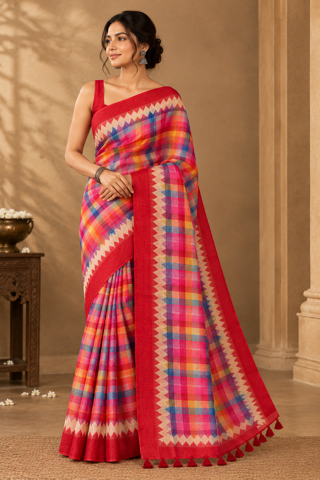 Peachmode Red Checked Tussar Silk Saree - Image 1