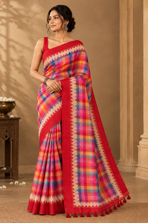 Peachmode Red Checked Tussar Silk Saree - Image 1