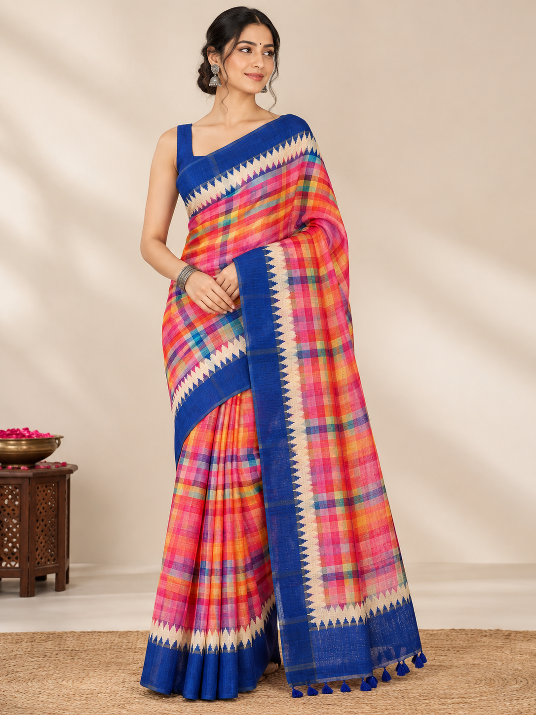 Peachmode Blue Checked Tussar Silk Saree - Image 1