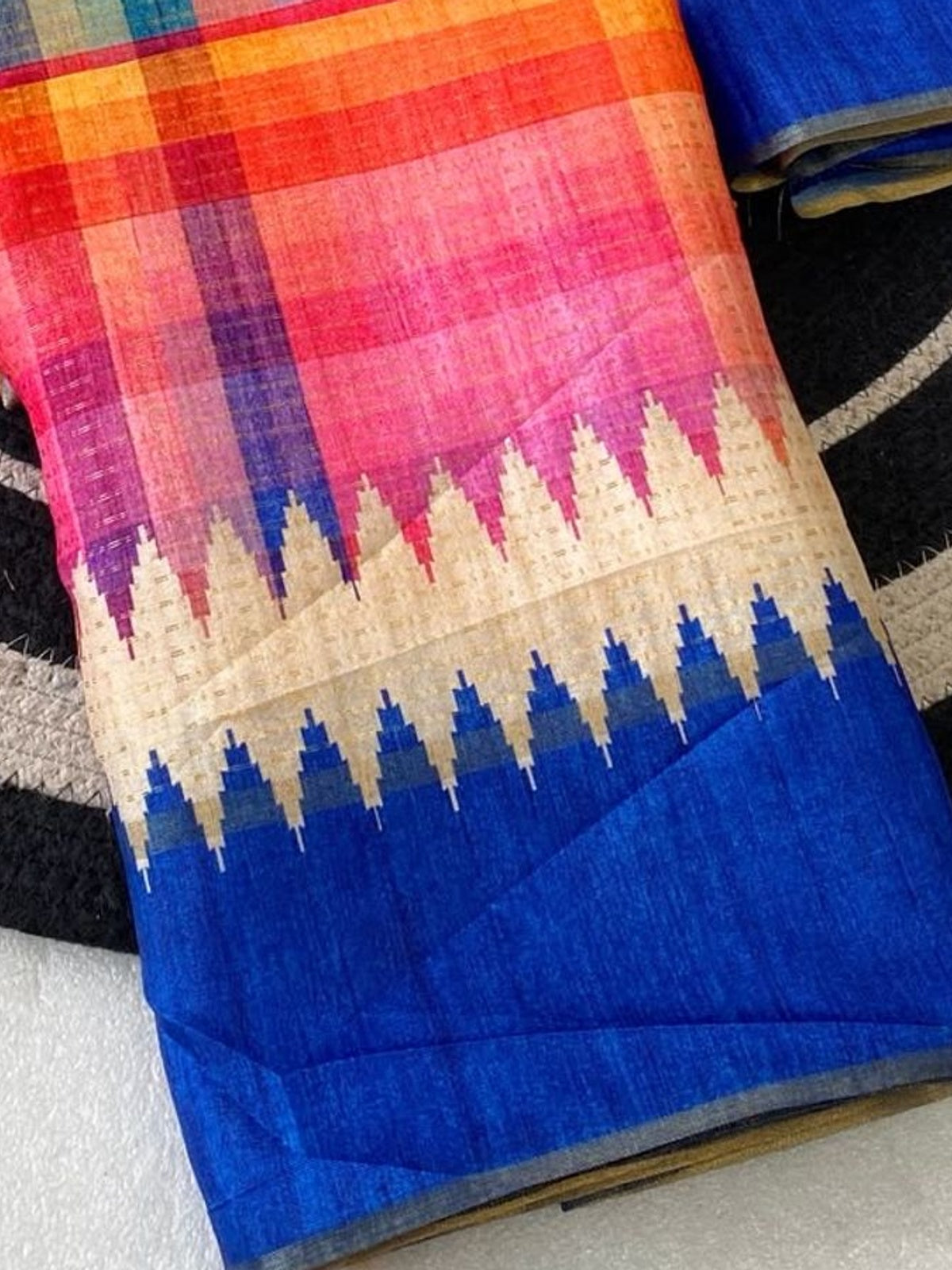 Peachmode Blue Checked Tussar Silk Saree - Image 4