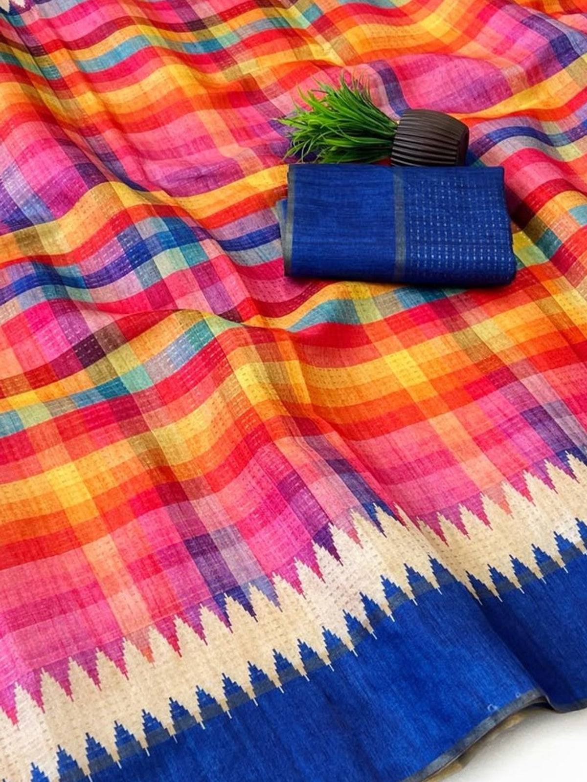 Peachmode Blue Checked Tussar Silk Saree - Image 5